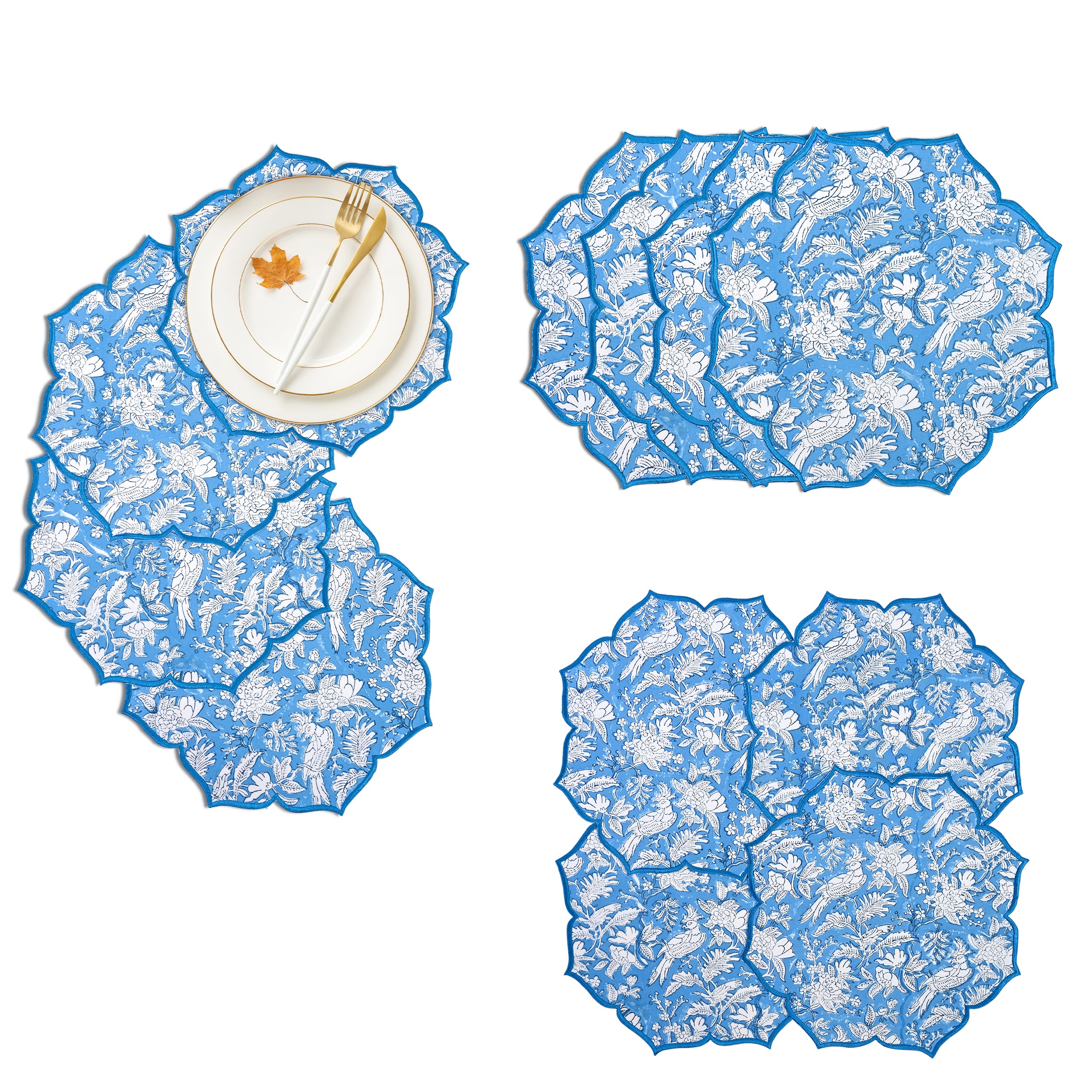 Blue sapphire cotton placemat with scalloped embroidery