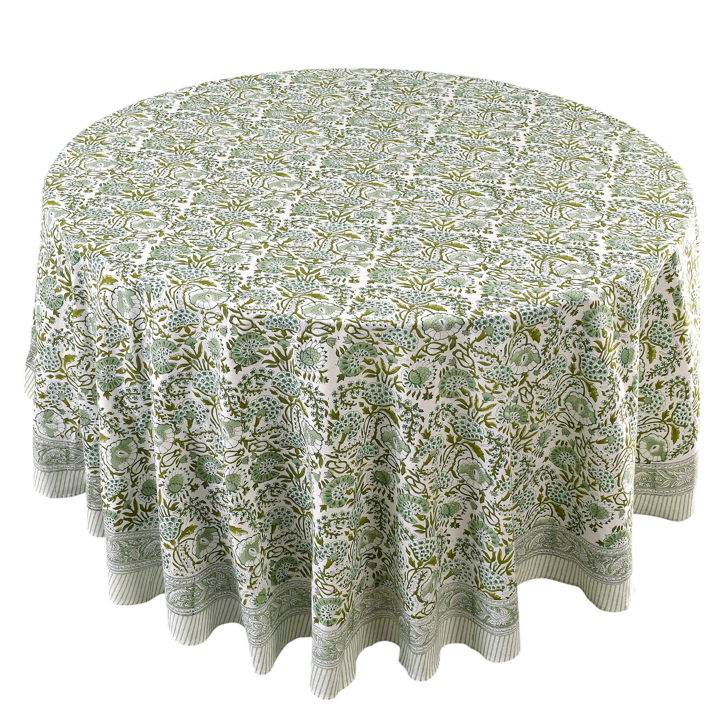 green floral round tablecloth on round family dinner table
