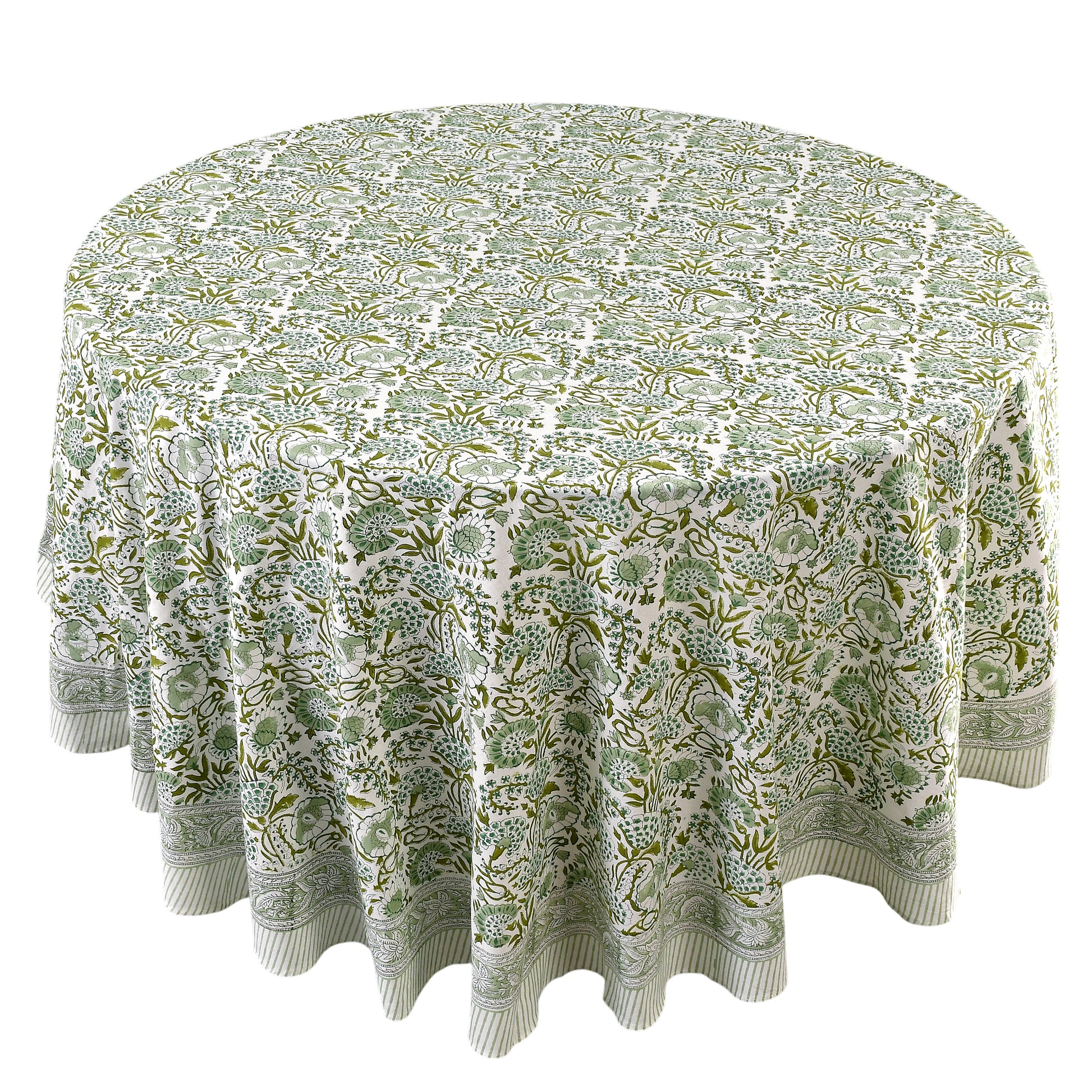 green floral round tablecloth on round family dinner table
