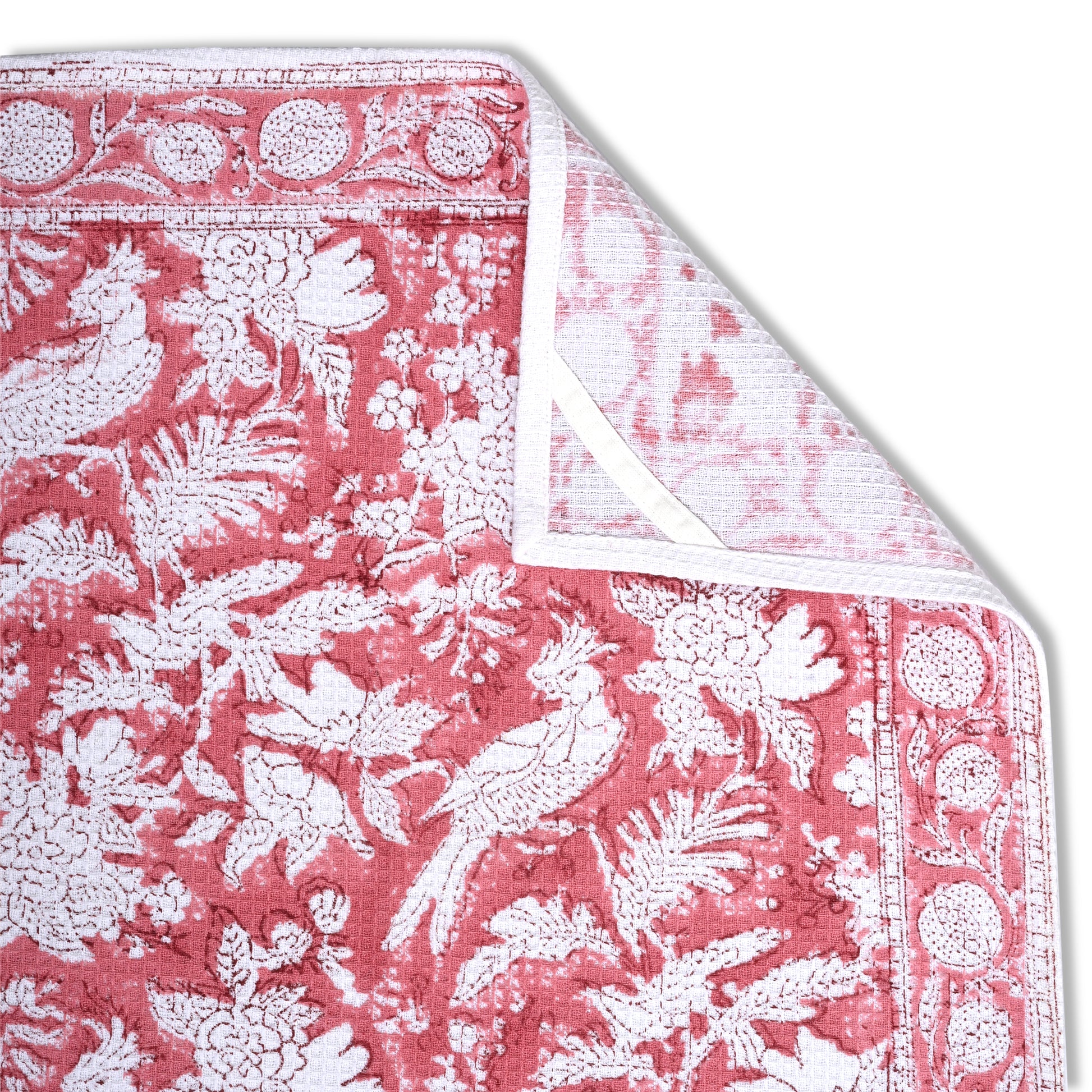 Hand Block Printed Waffle Kitchen Towels – Coral Pink