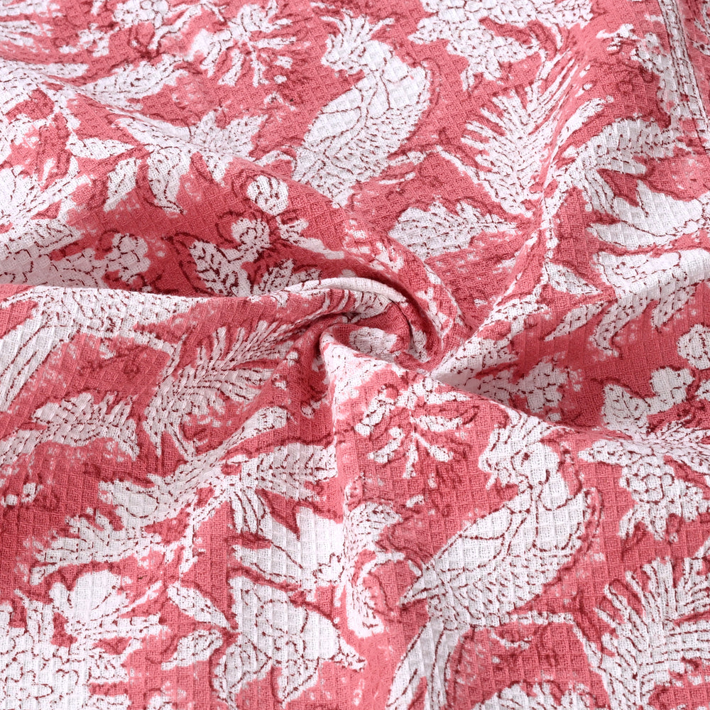 Hand Block Printed Waffle Kitchen Towels – Coral Pink