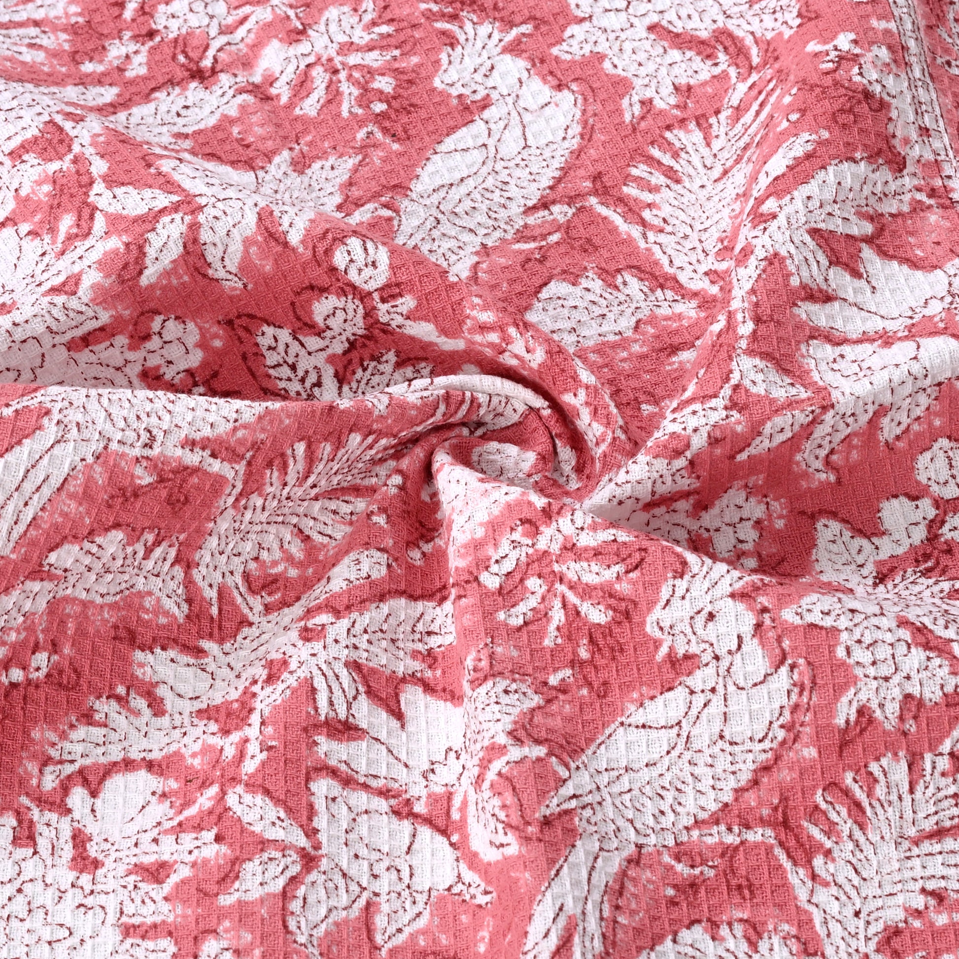 Hand Block Printed Waffle Kitchen Towels – Coral Pink
