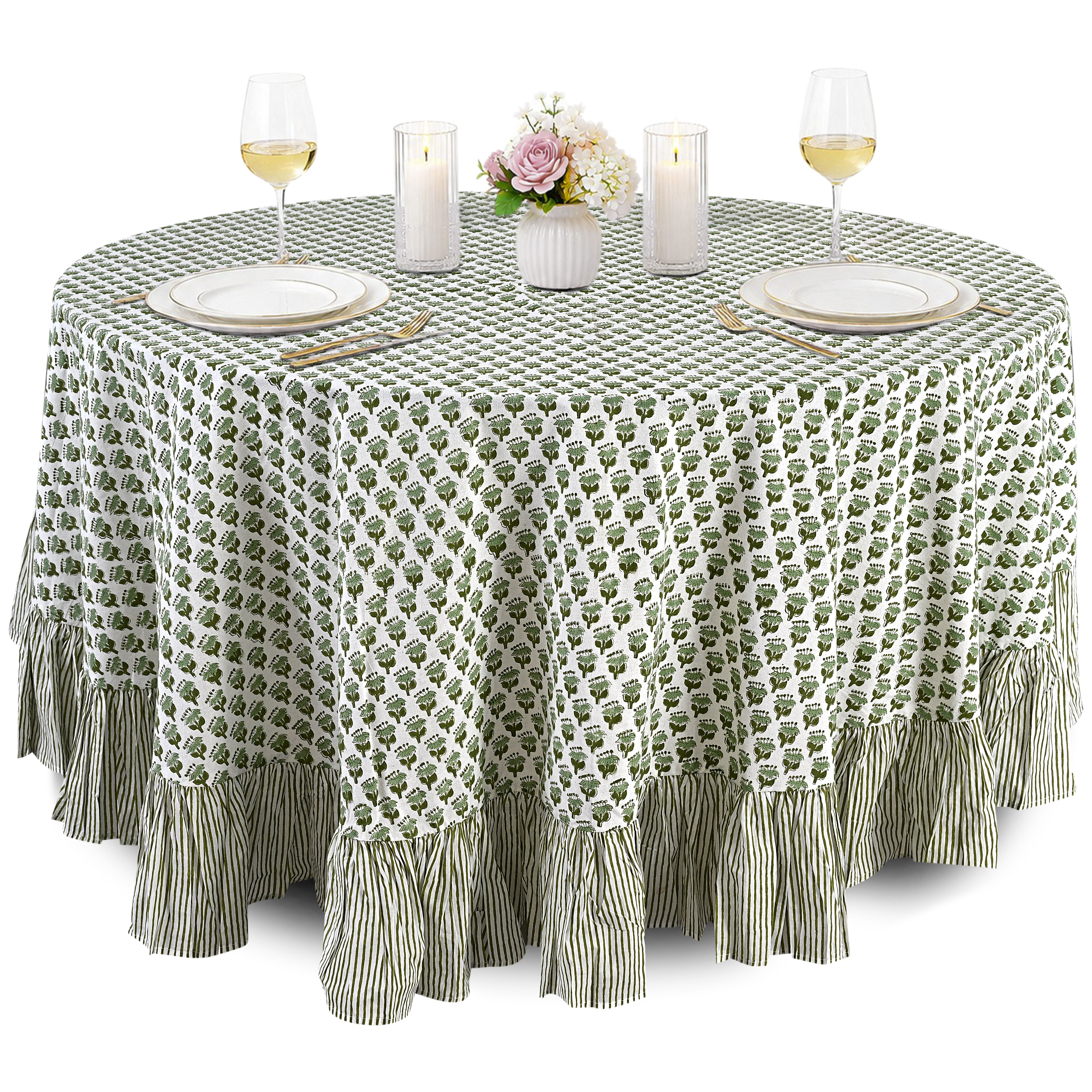 Cotton Ruffle Round Tablecloth - Emerald Green