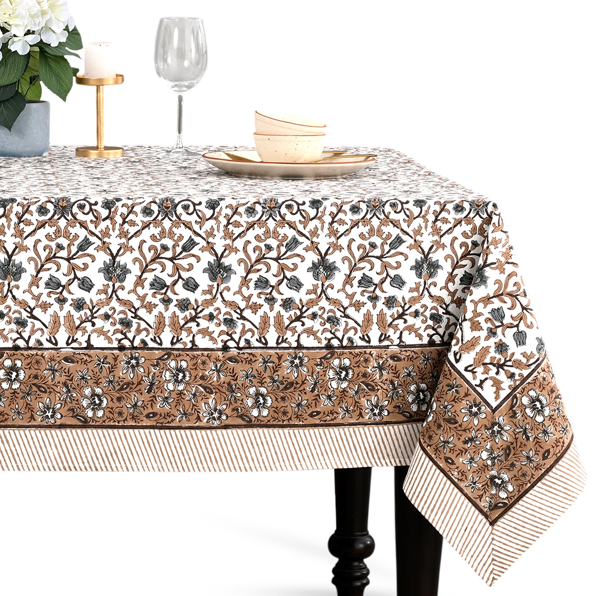 Cotton Block Print Tablecloth – Autumn Vine