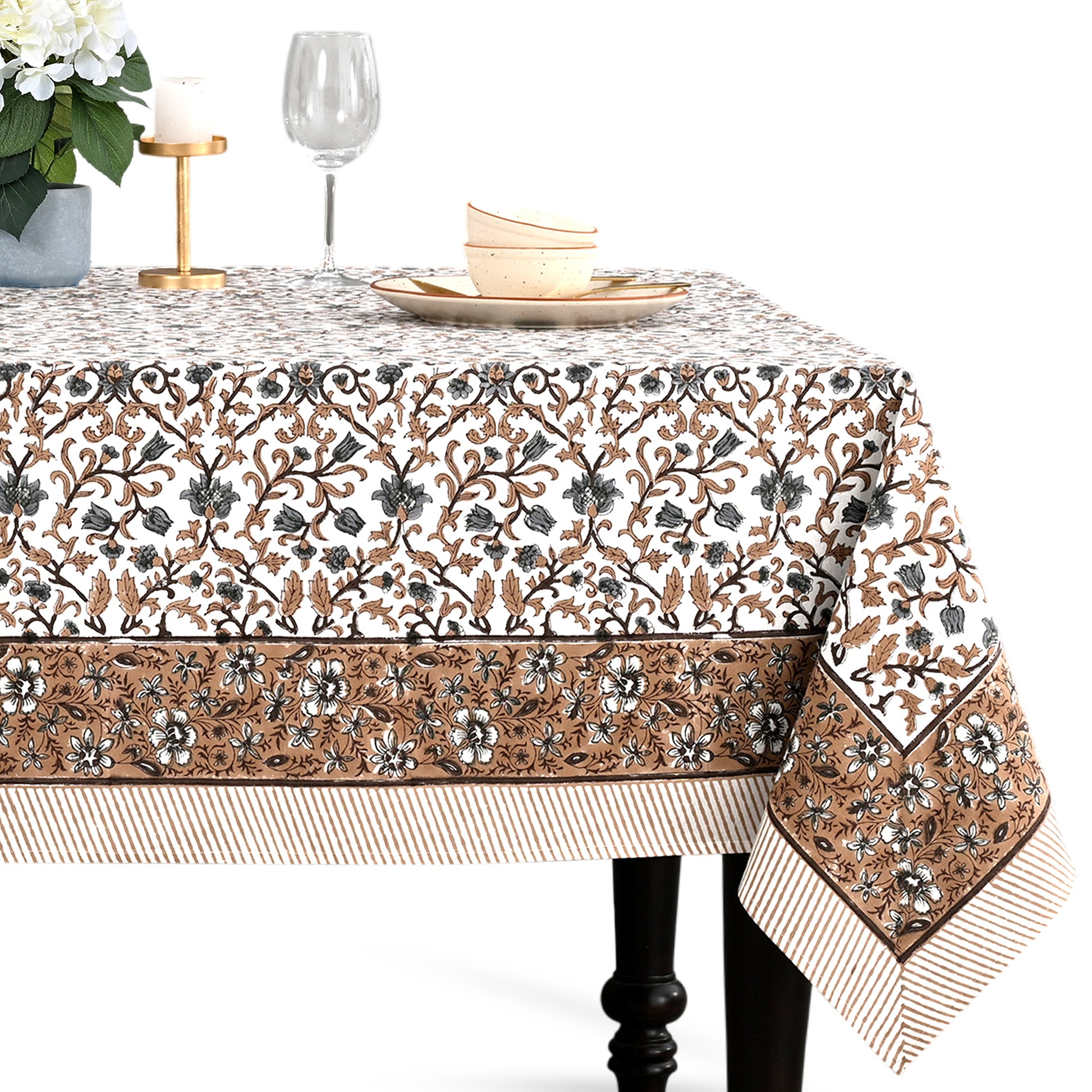 Cotton Block Print Tablecloth – Autumn Vine