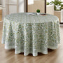 green floral round tablecloth on round family dinner table