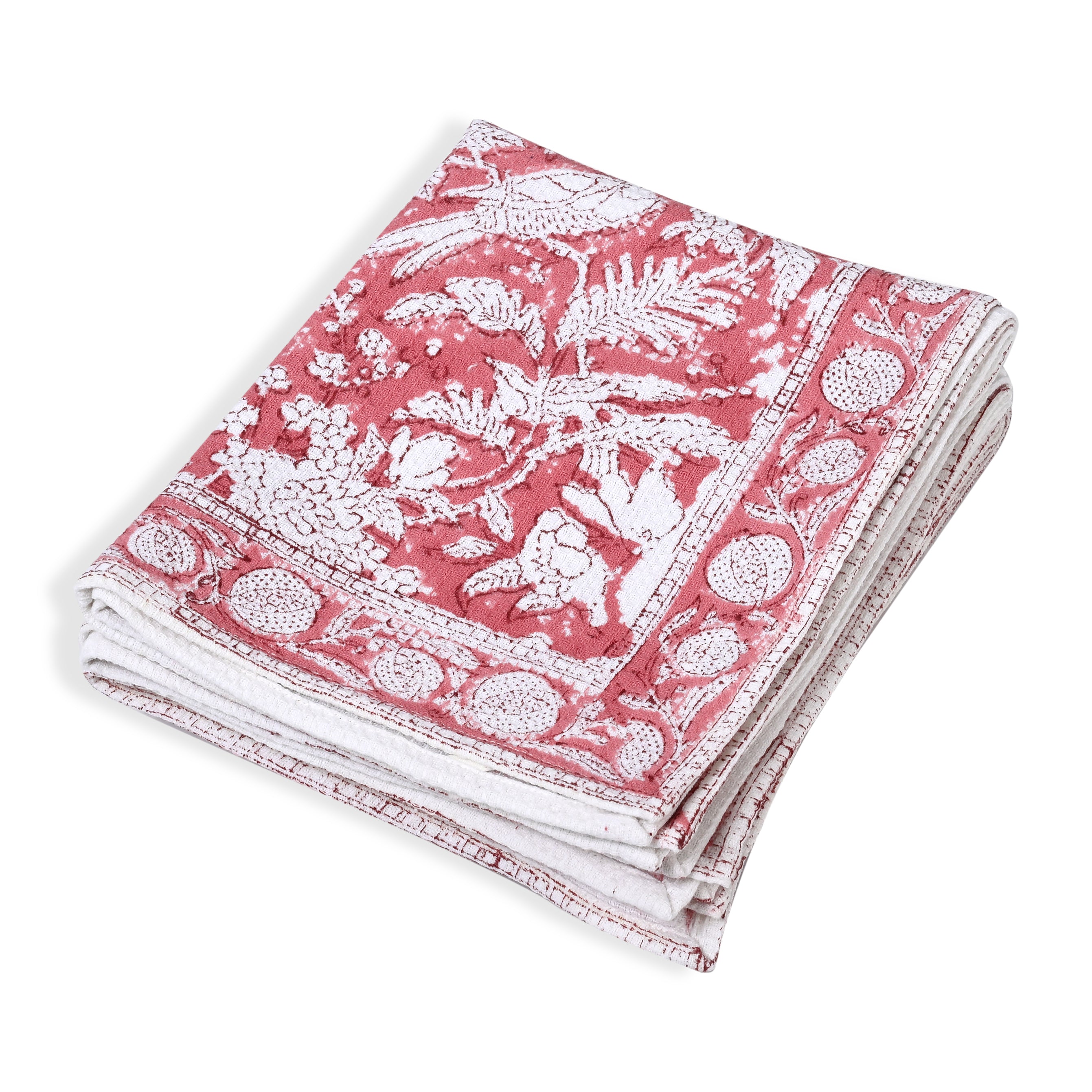 Hand Block Printed Waffle Kitchen Towels – Coral Pink