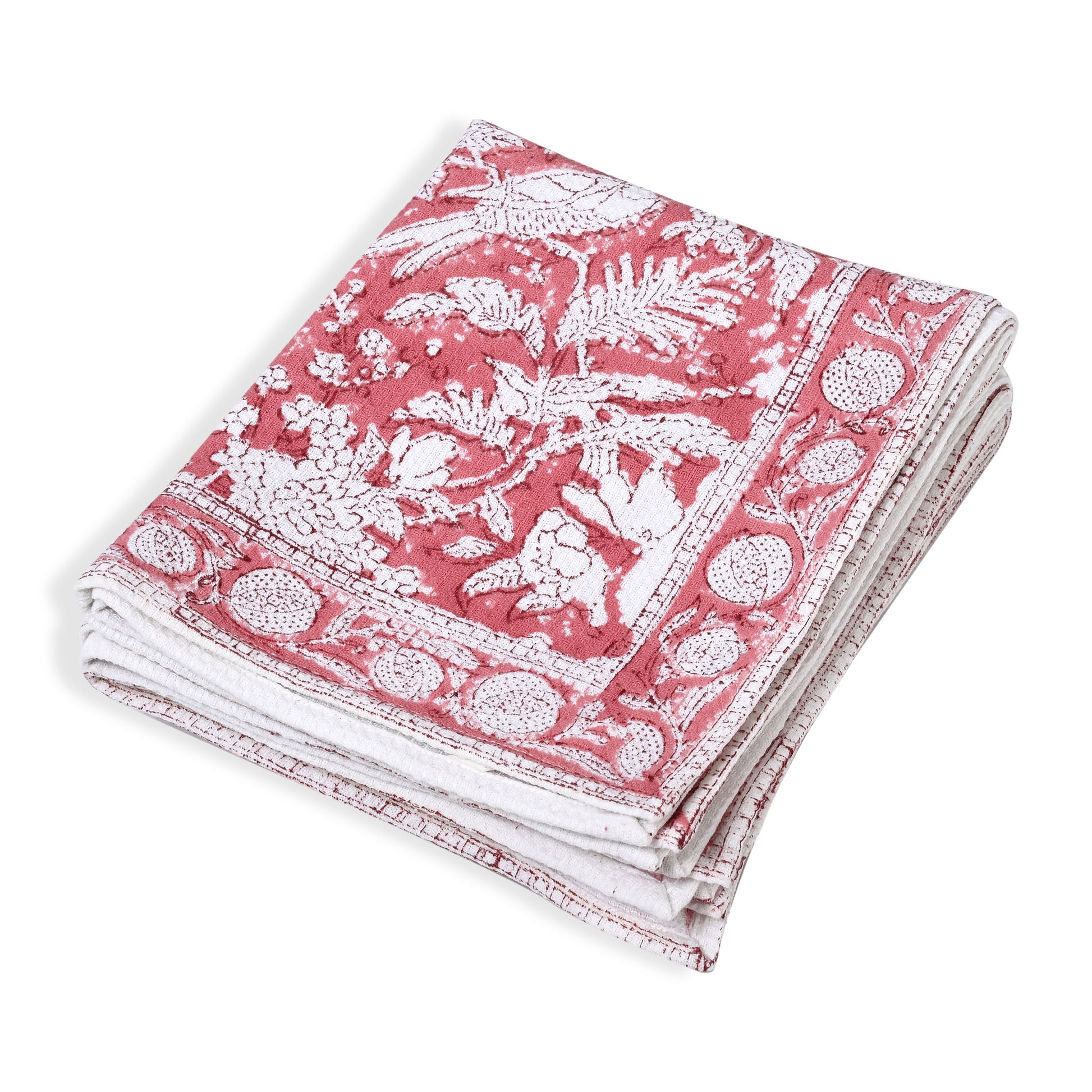 Hand Block Printed Waffle Kitchen Towels – Coral Pink