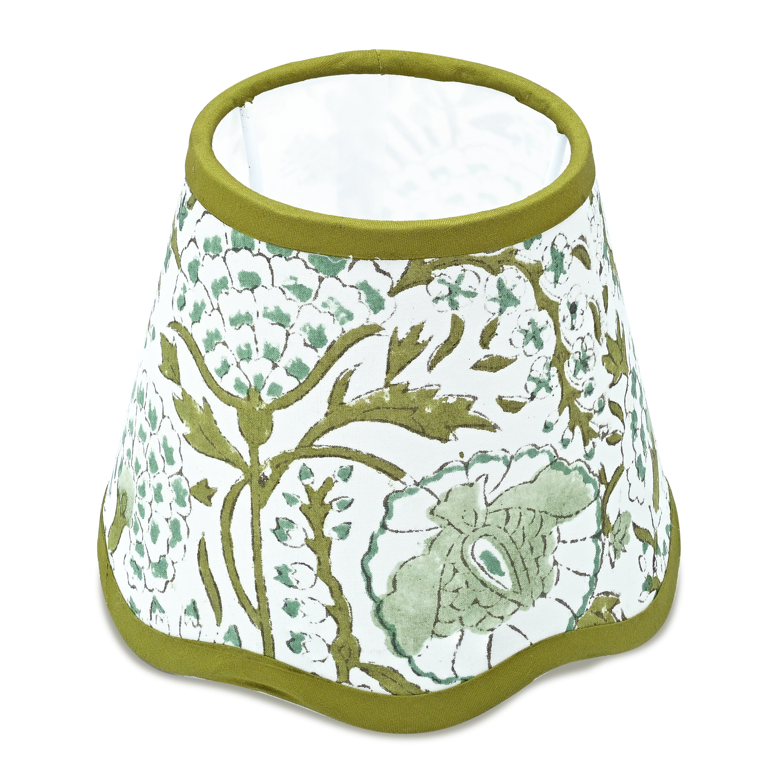 Hand Block Printed Cotton Lampshade – Scallop Floral Agate Green