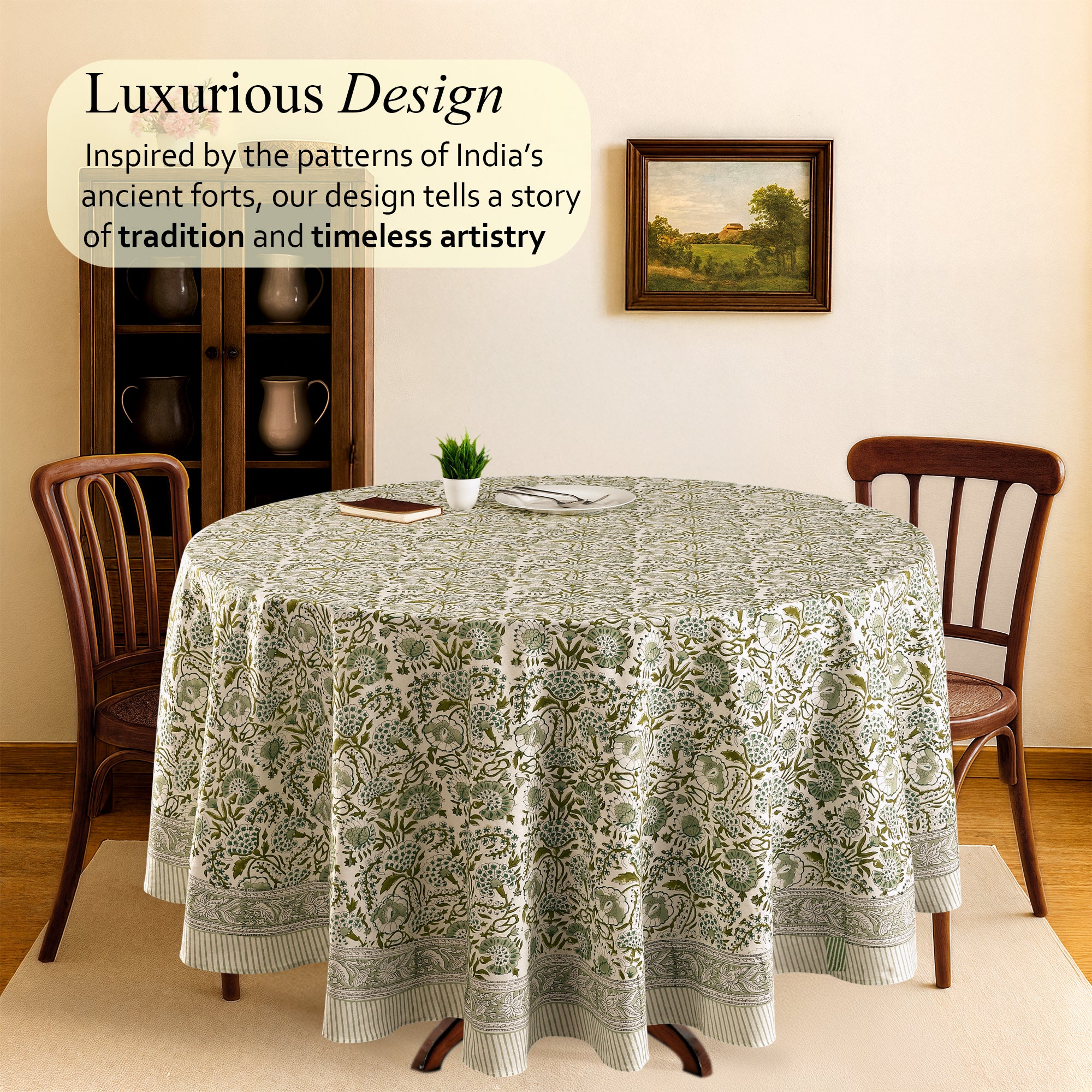 green floral round tablecloth on round family dinner table