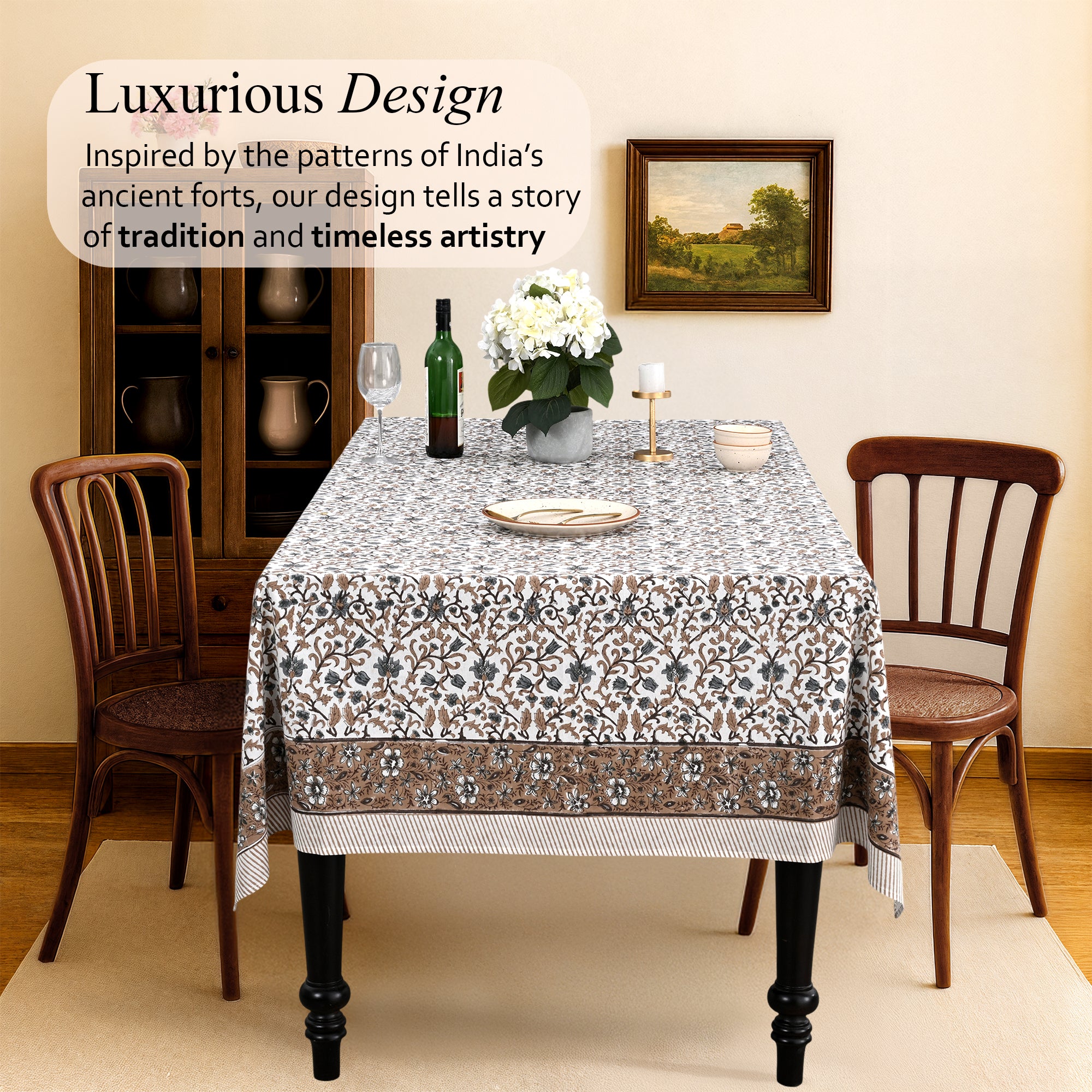 Cotton Block Print Tablecloth – Autumn Vine