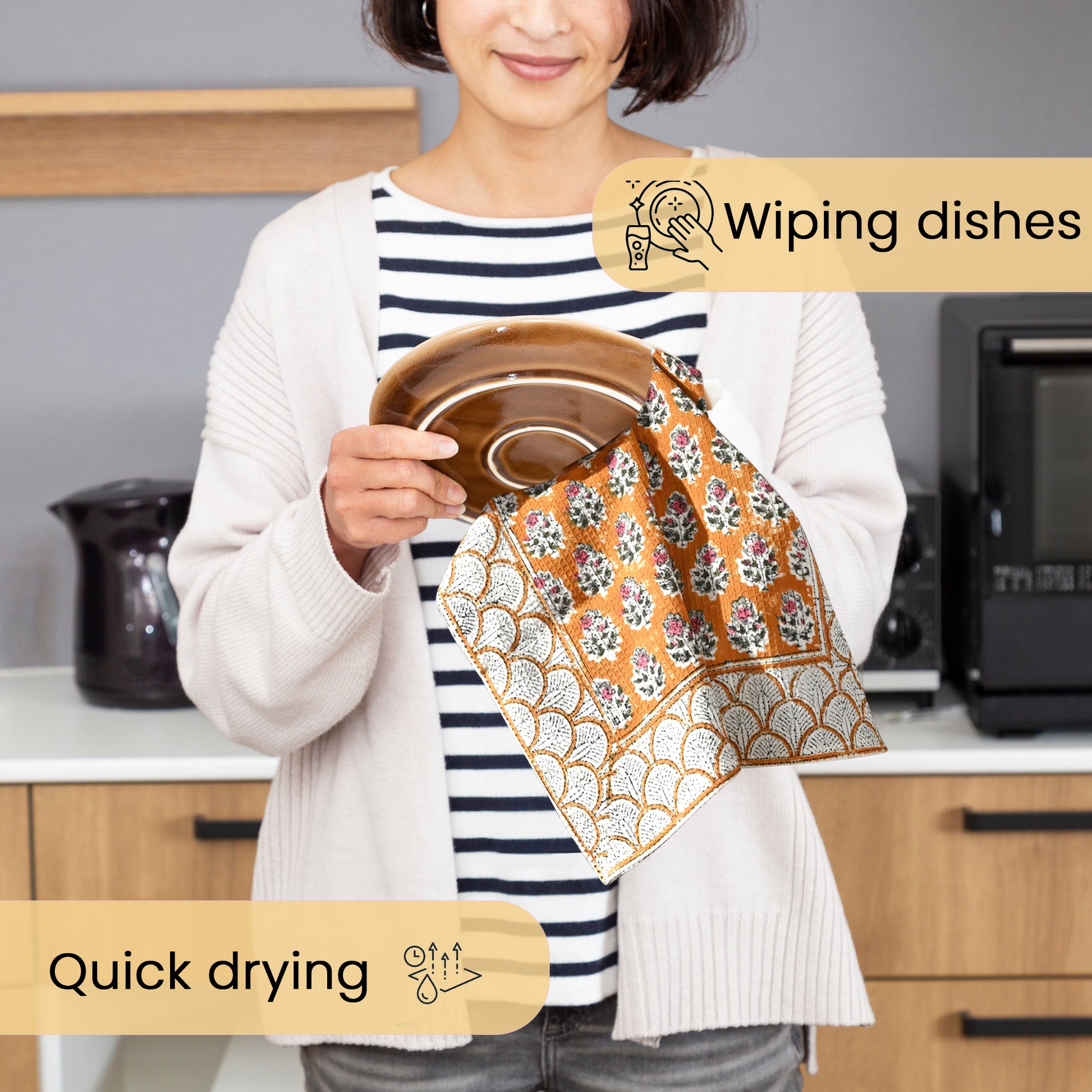 Hand Block Printed Waffle Kitchen Towels – Citrine Yellow
