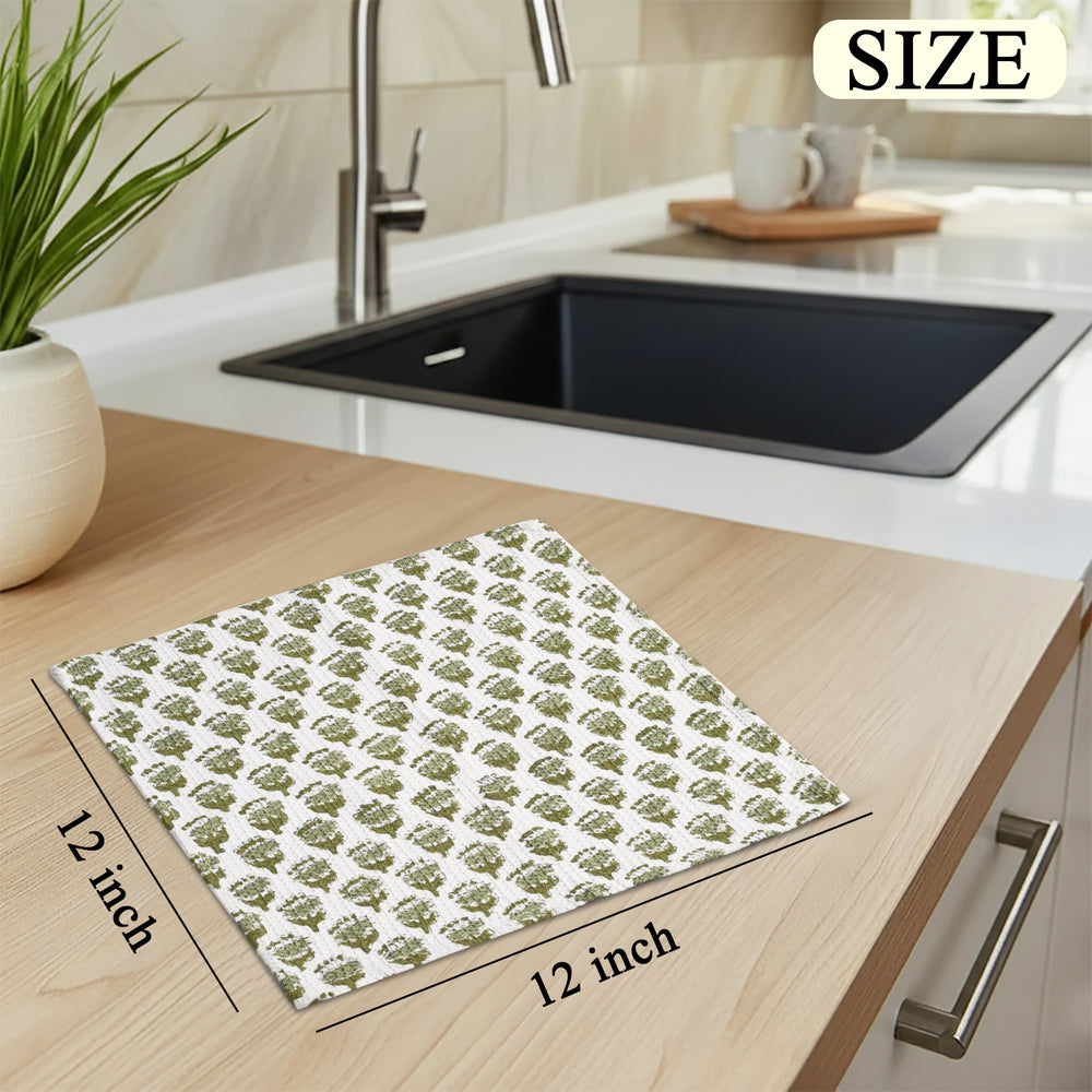 Hand Block Printed Waffle Kitchen Towels – Emerald Green