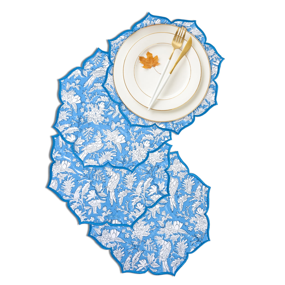 Classic blue tablescape with set of 4 sapphire embroidered placemat