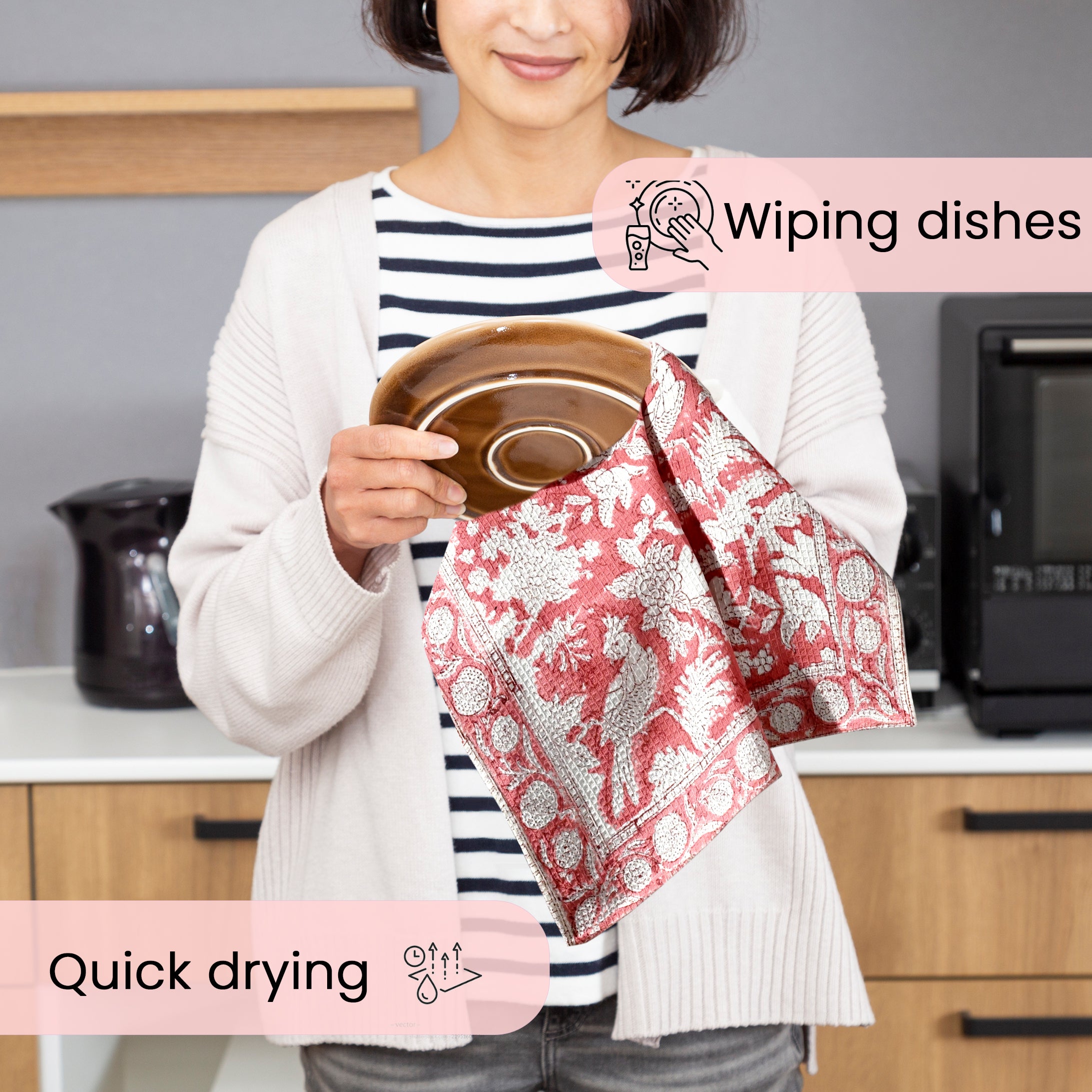 Hand Block Printed Waffle Kitchen Towels – Coral Pink