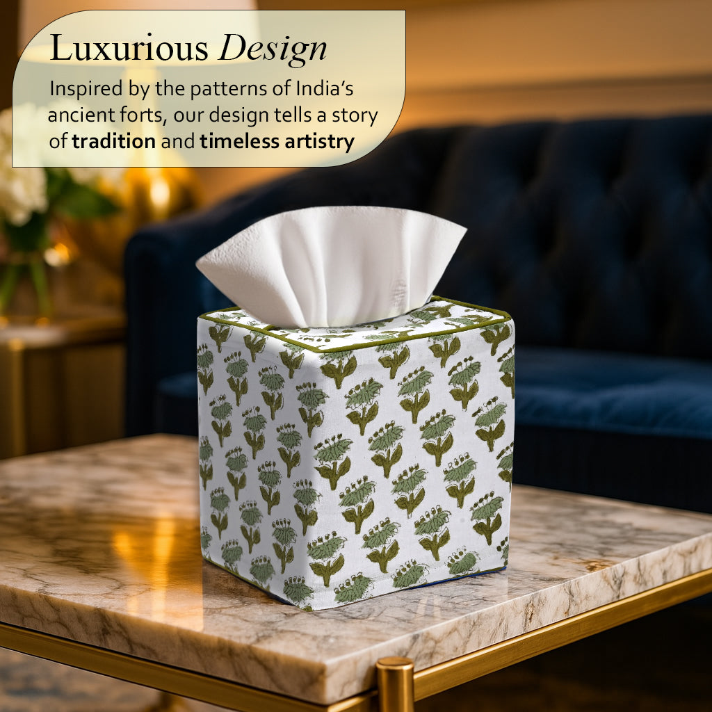 100% Cotton Hand Block Printed Tissue Box Cover - Emerald Green