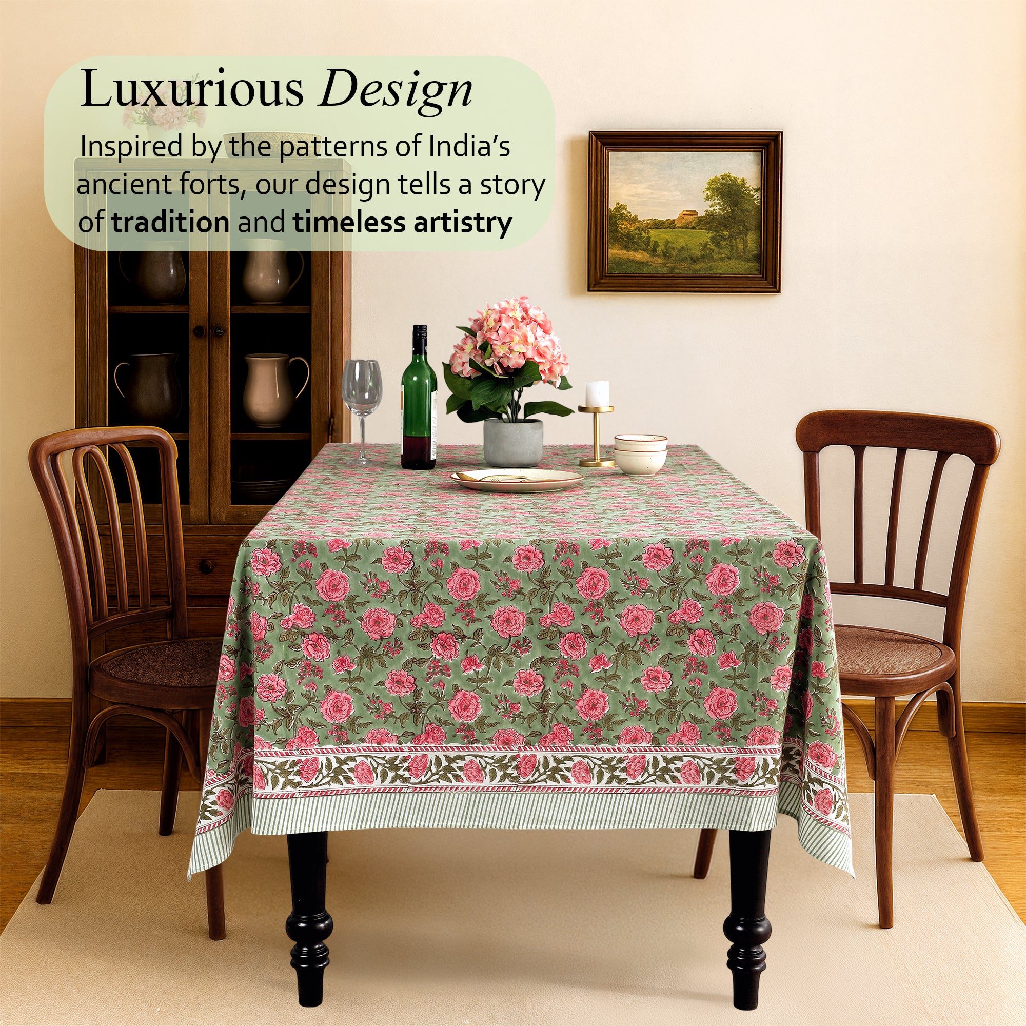Pink Tourmaline Cotton Tablecloth on Farmhouse Table