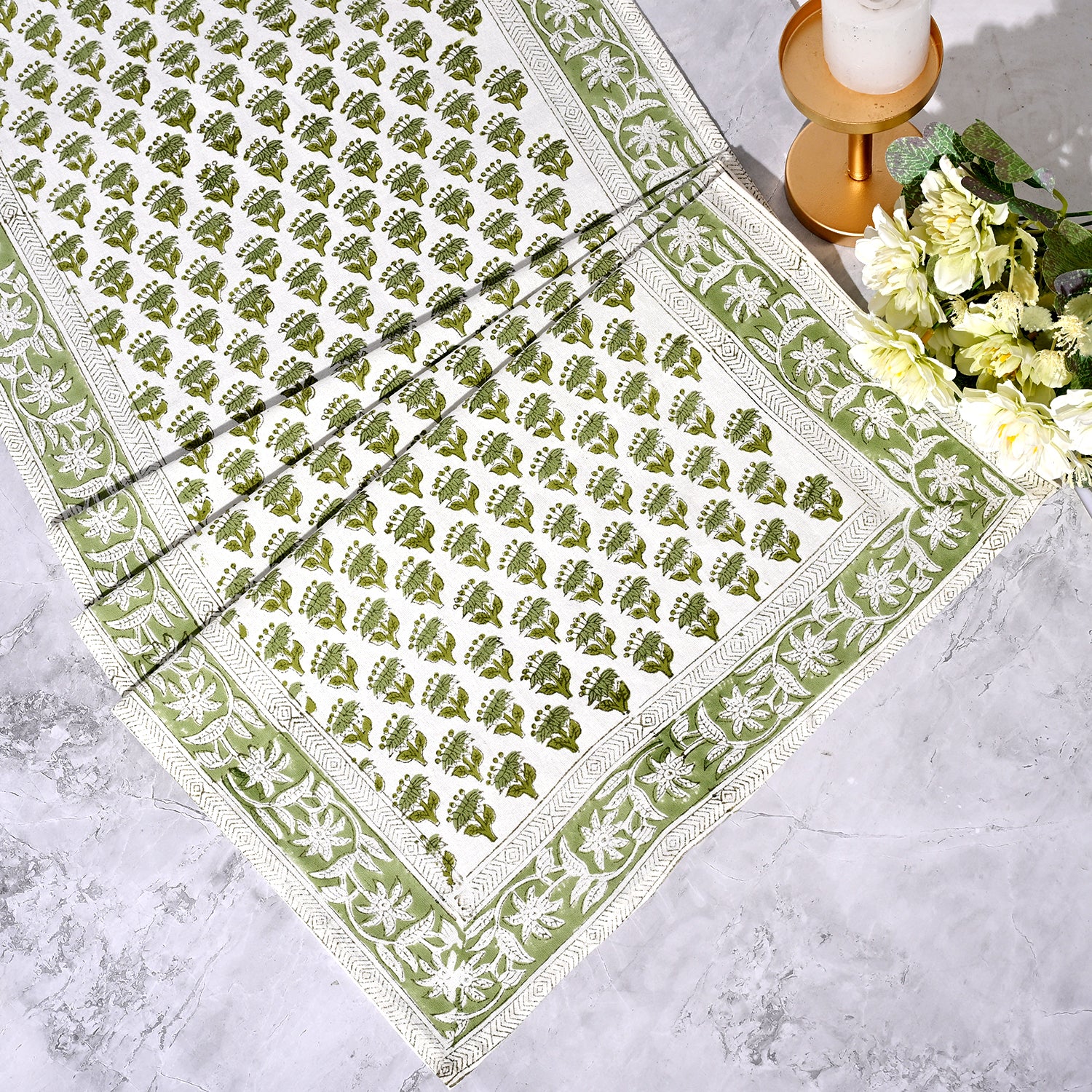 Cotton Block Print Table Runner - Emerald Green