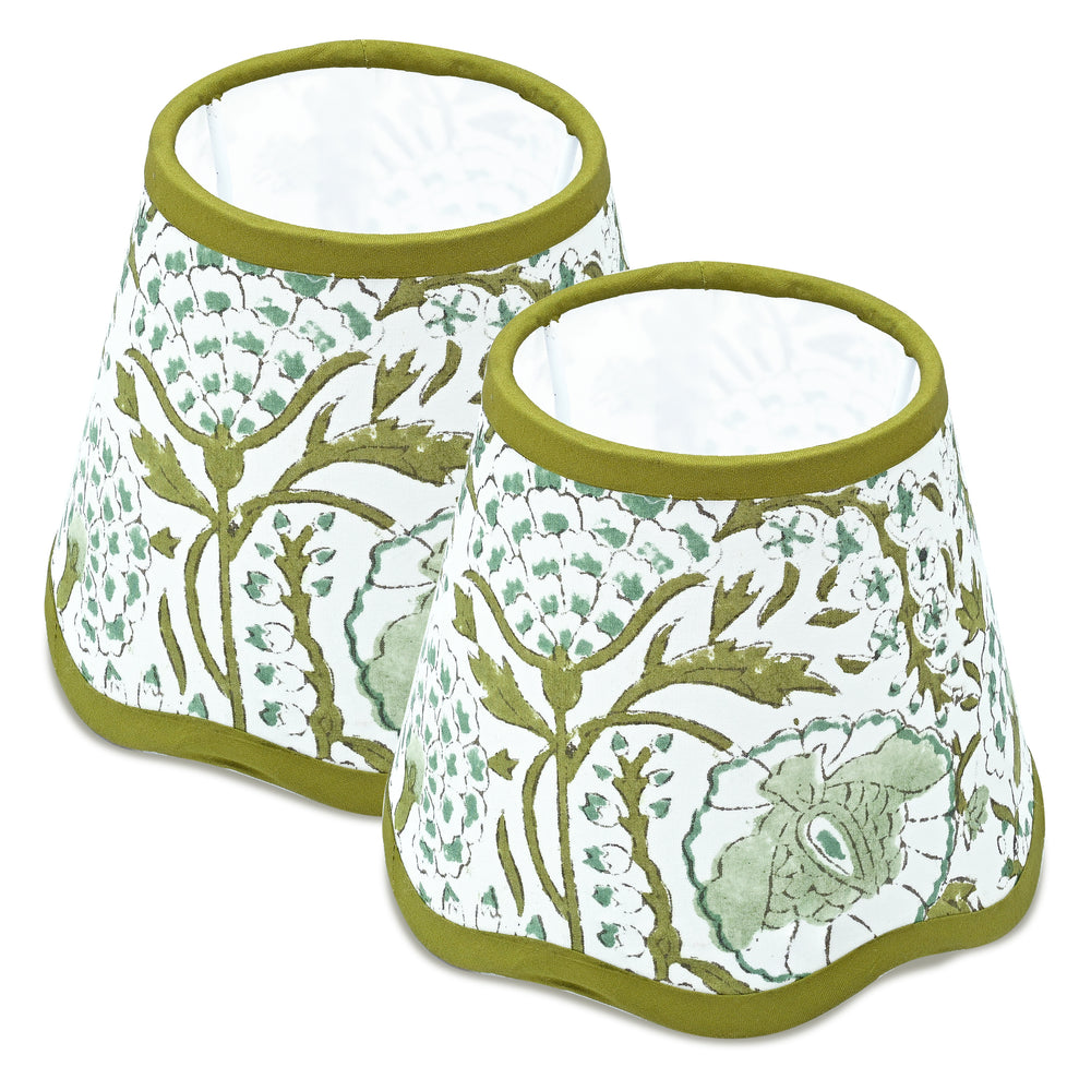Hand Block Printed Cotton Lampshade – Scallop Floral Agate Green