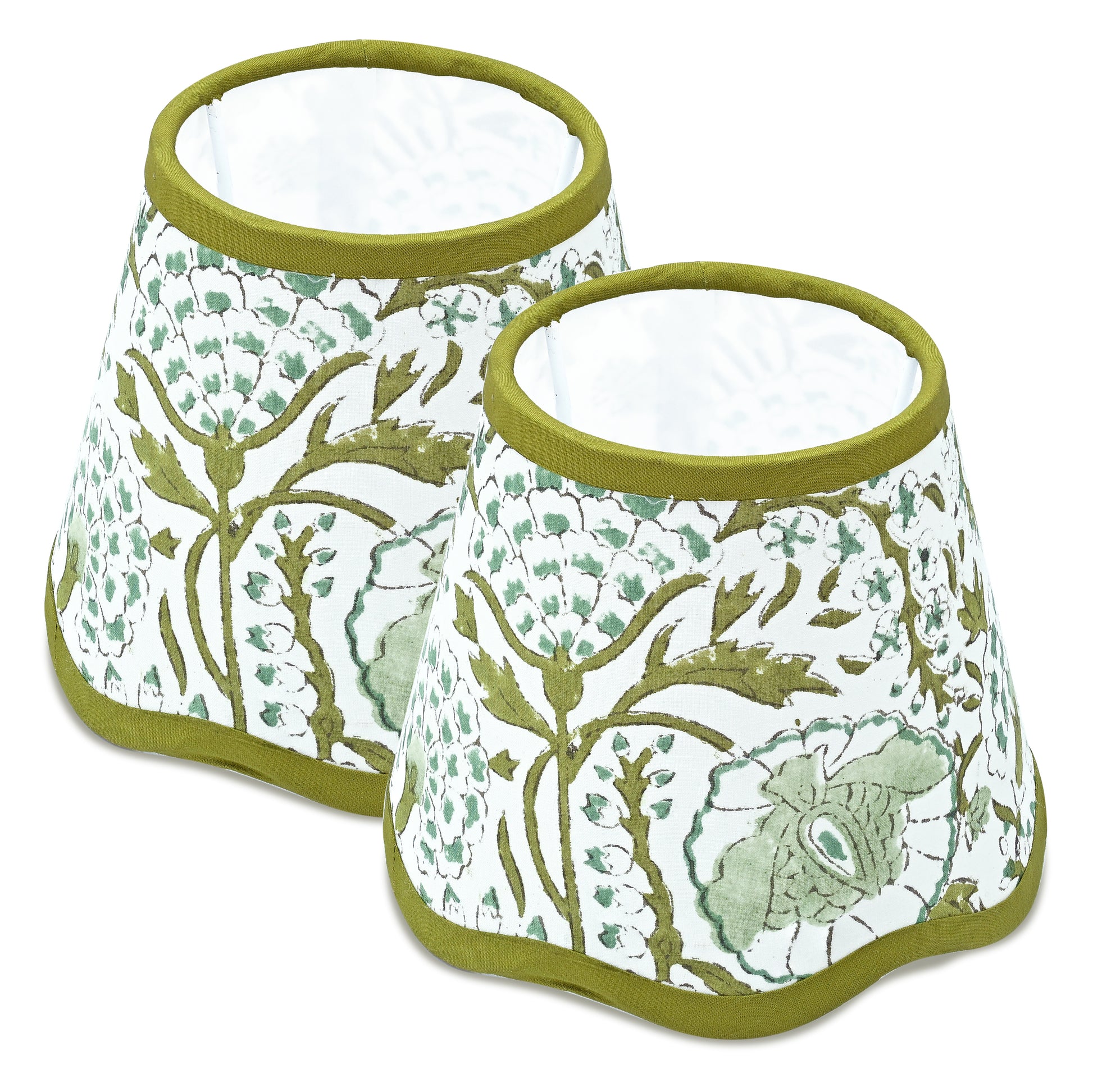 Hand Block Printed Cotton Lampshade – Scallop Floral Agate Green