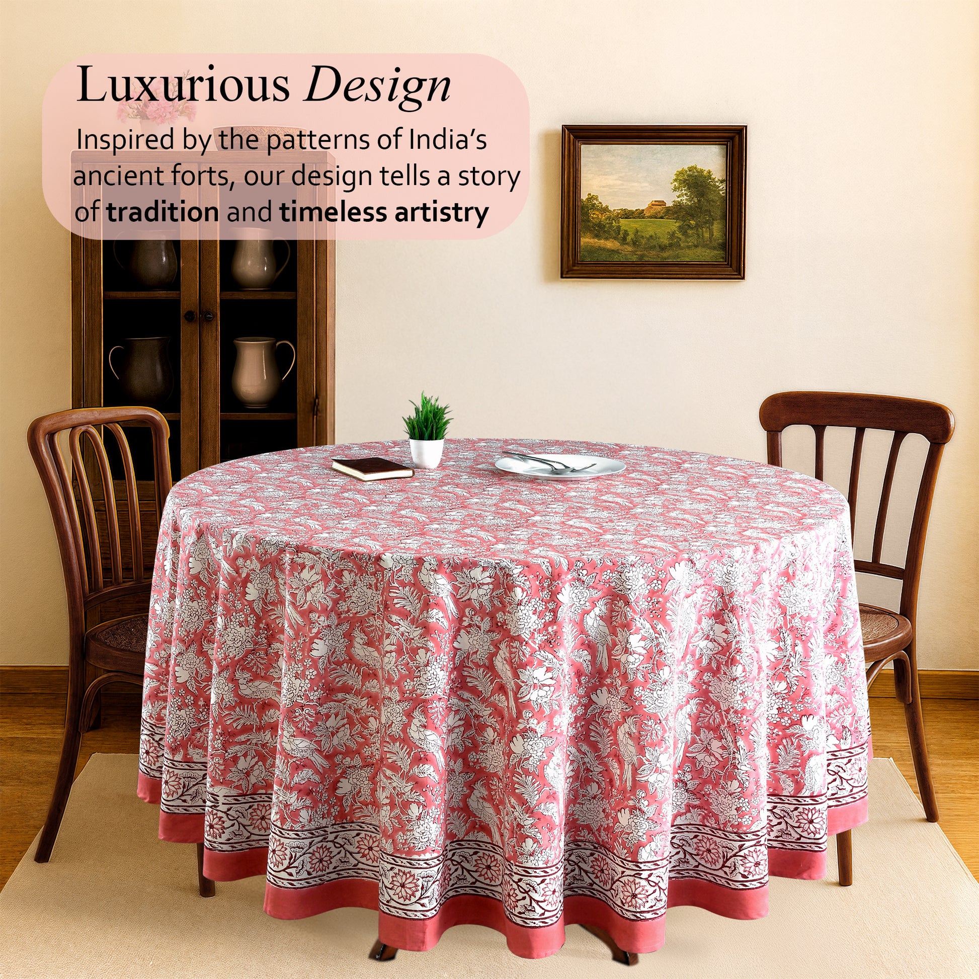 red and white floral round 100% cotton tablecloth