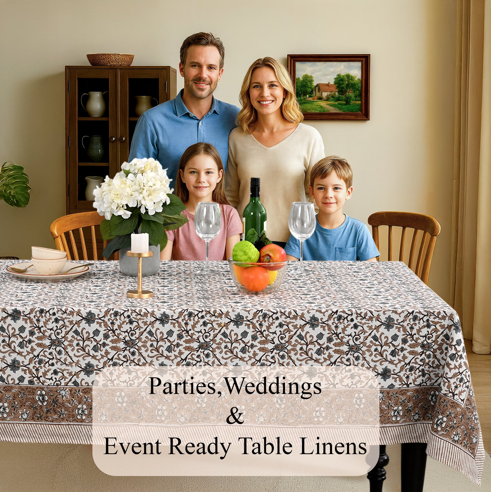 Cotton Block Print Tablecloth – Autumn Vine