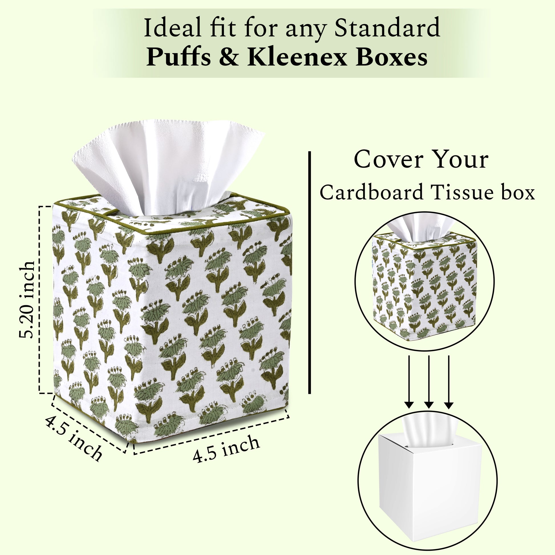 100% Cotton Hand Block Printed Tissue Box Cover - Emerald Green