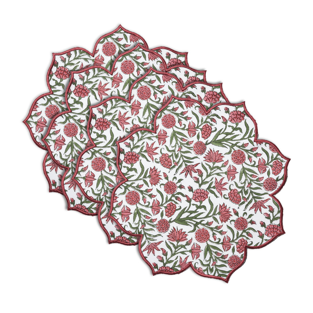set of 4 Rich red and green floral garnet cotton placemat with scalloped edge embroidery