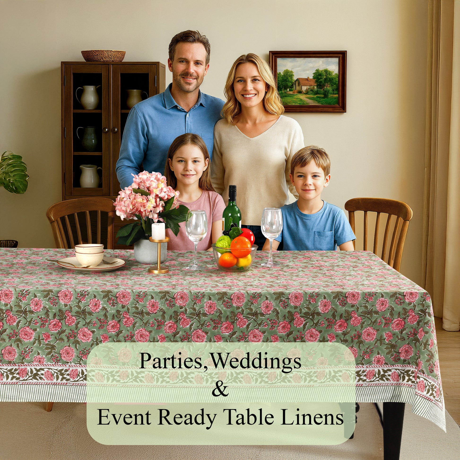 Pink Tourmaline Cotton Tablecloth on Farmhouse Table