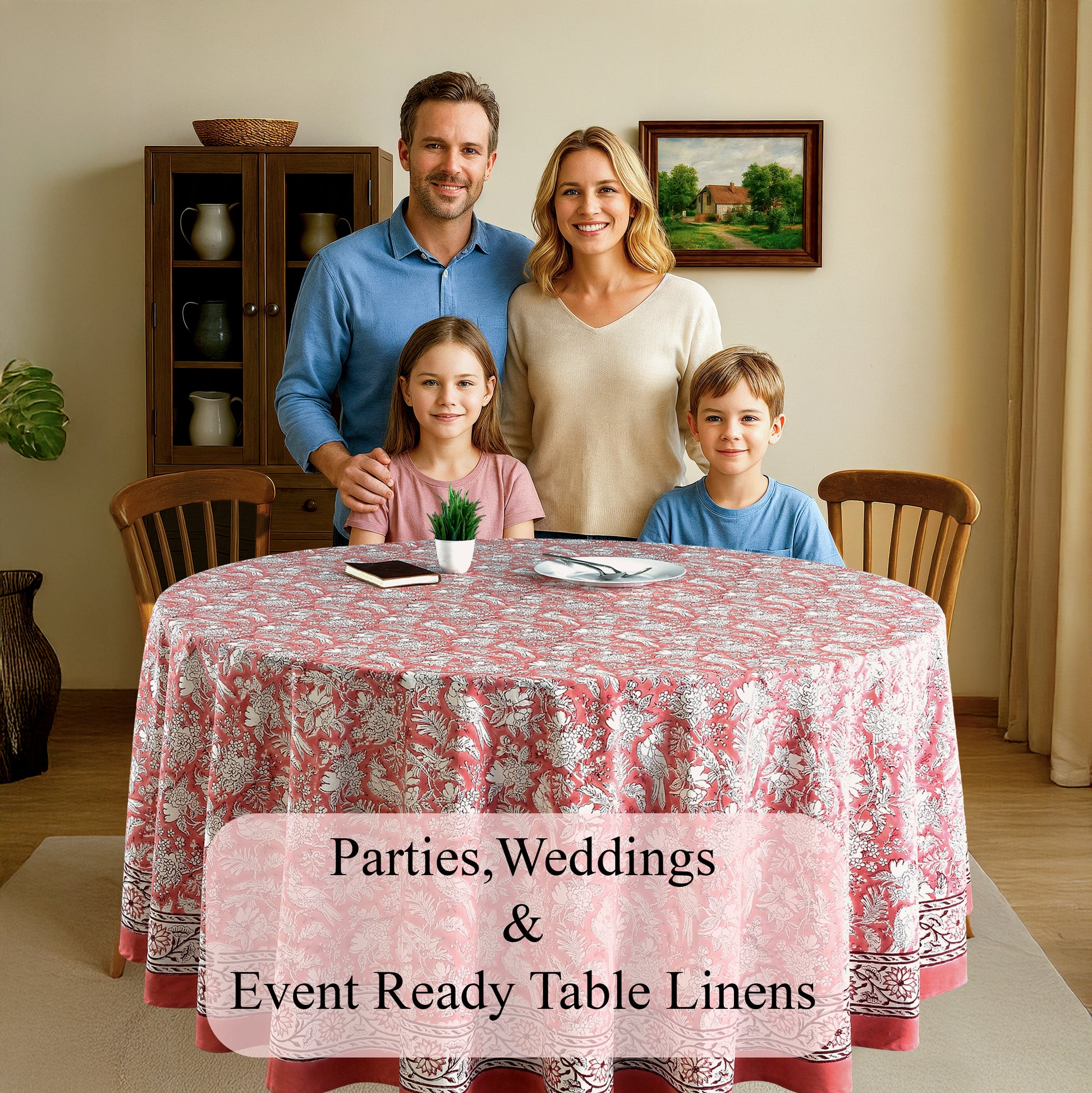 red and white floral round 100% cotton tablecloth
