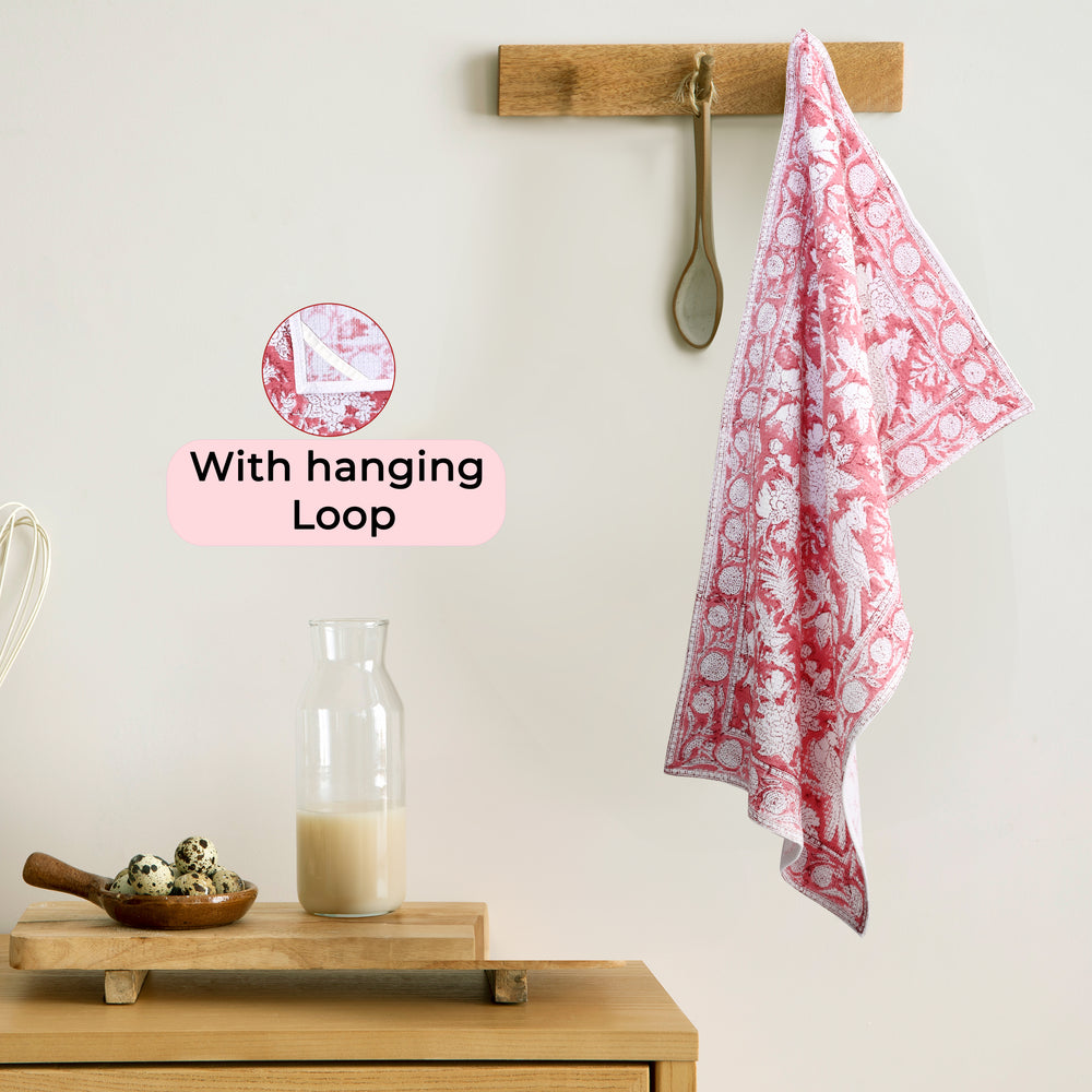 Hand Block Printed Waffle Kitchen Towels – Coral Pink