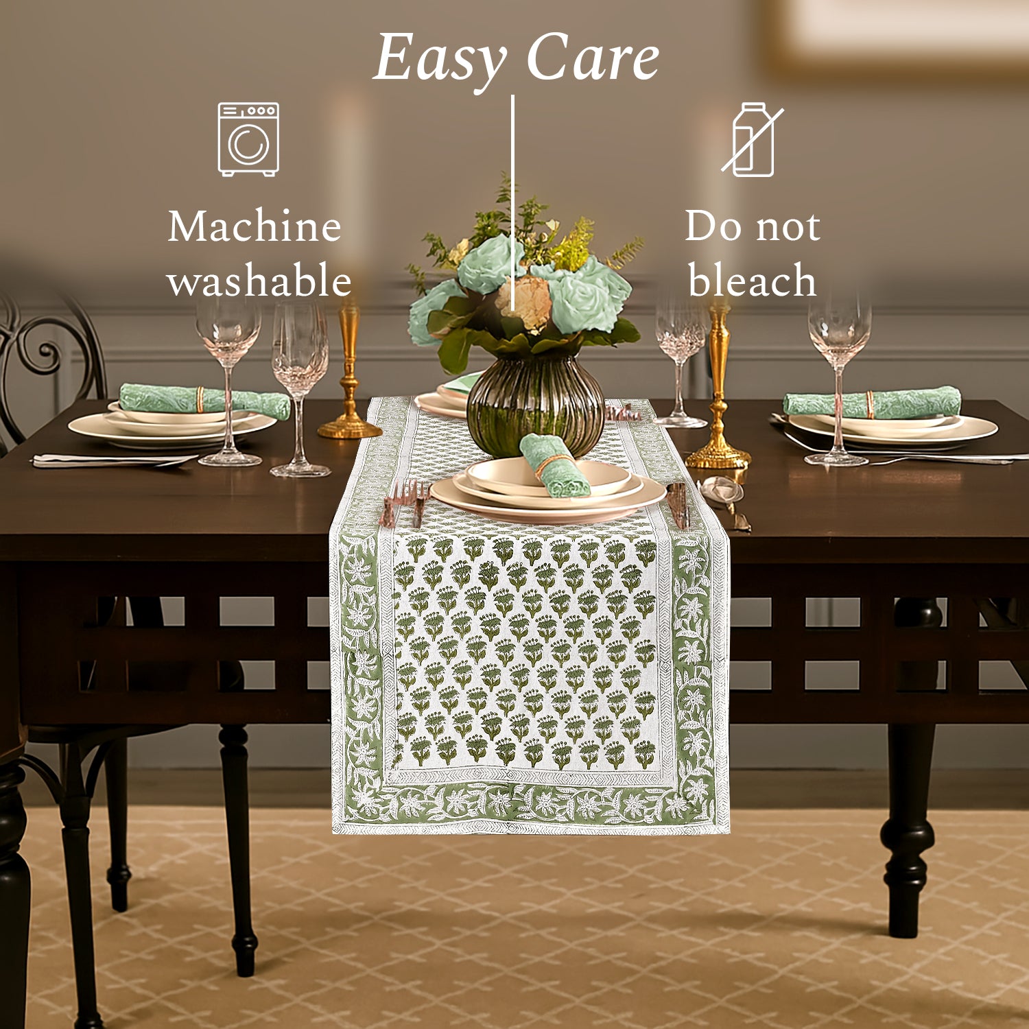 Cotton Block Print Table Runner - Emerald Green