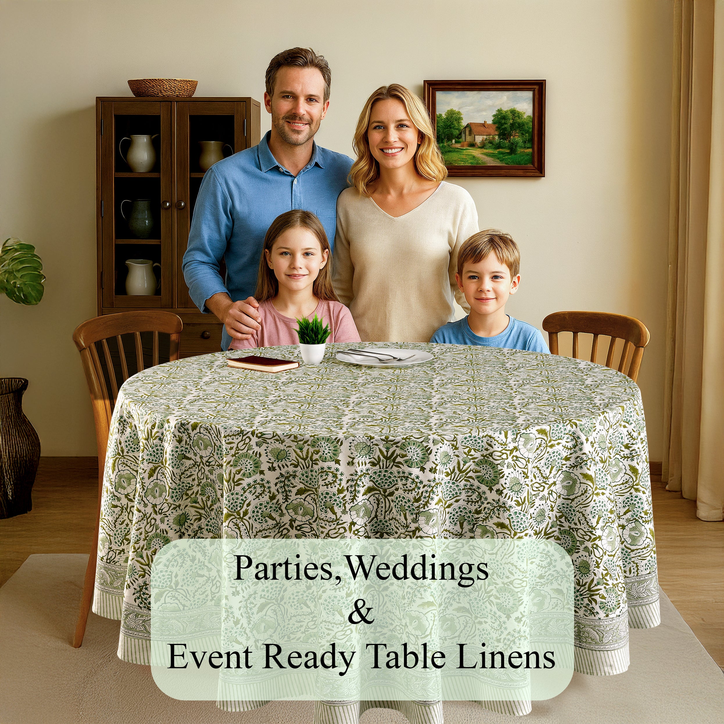 green floral round tablecloth on round family dinner table