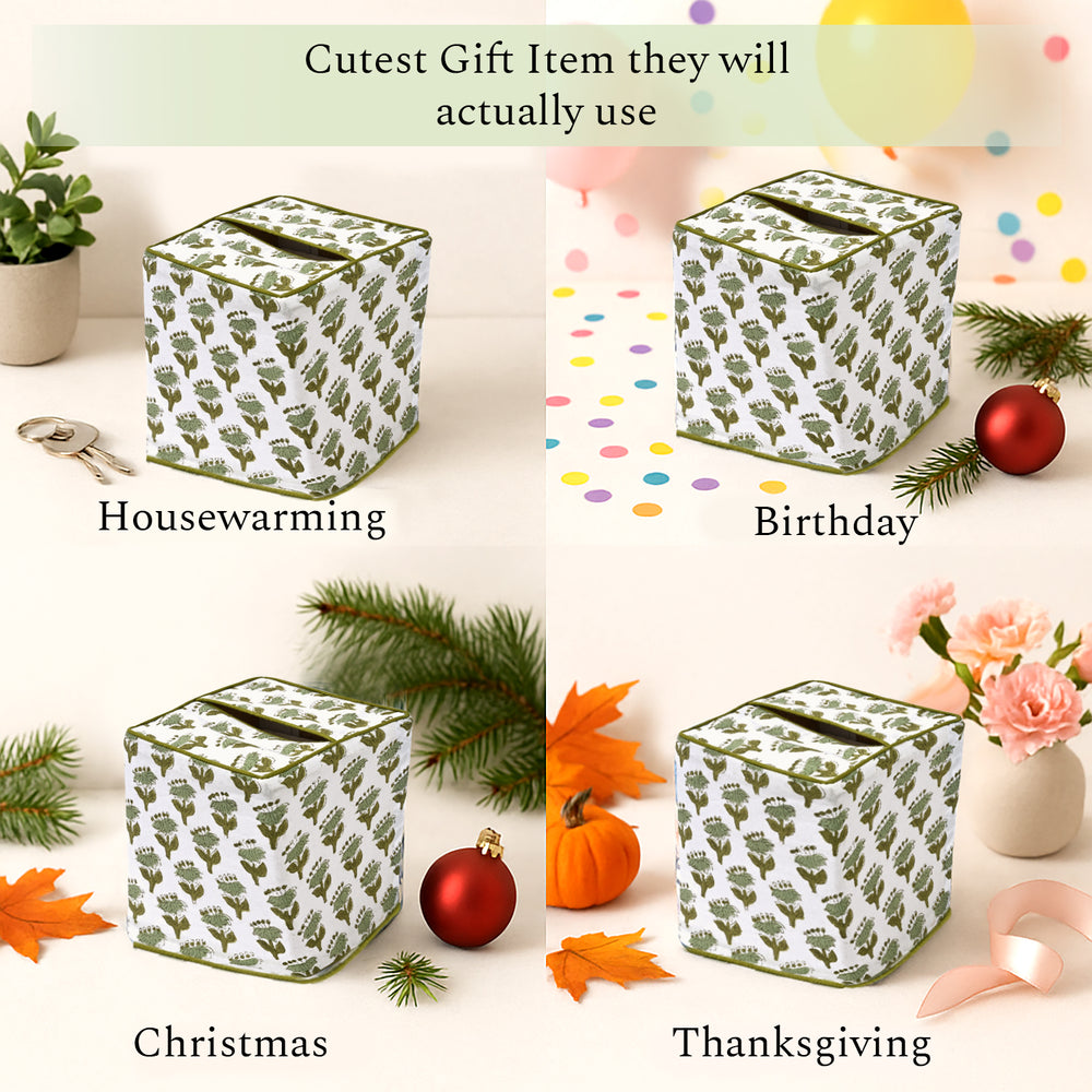 100% Cotton Hand Block Printed Tissue Box Cover - Emerald Green