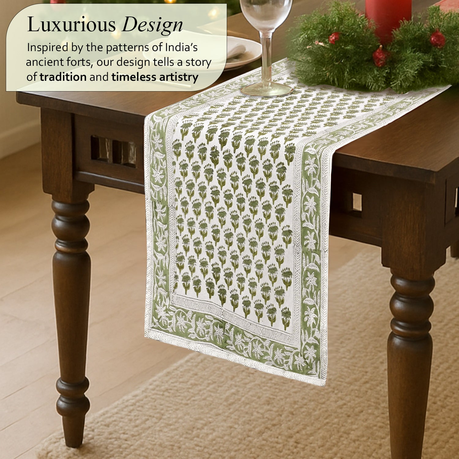 Cotton Block Print Table Runner - Emerald Green