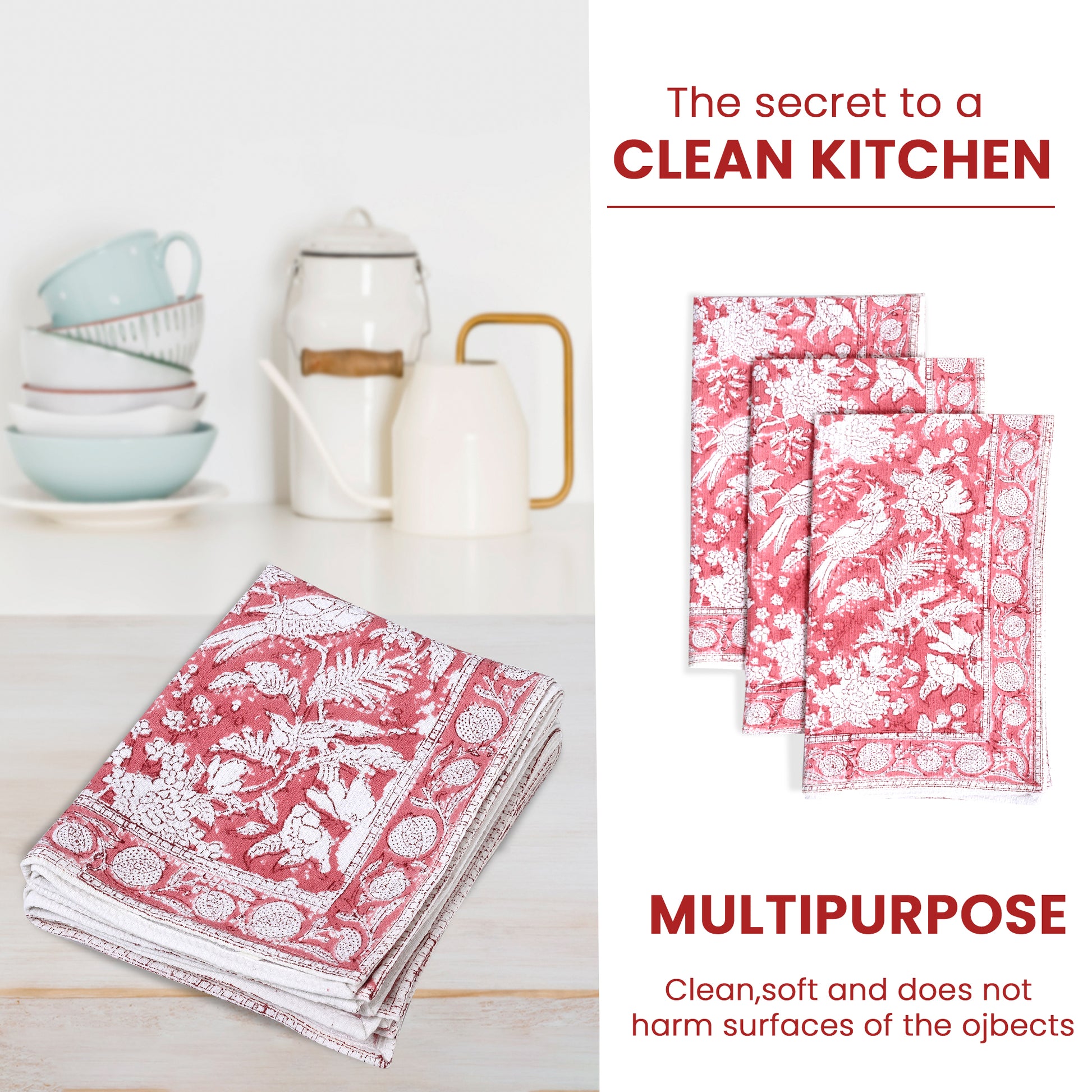 Hand Block Printed Waffle Kitchen Towels – Coral Pink