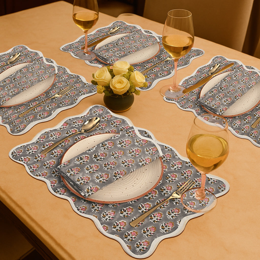 Rectangle 100% Cotton Reversible Placemat Set – Labra Grey