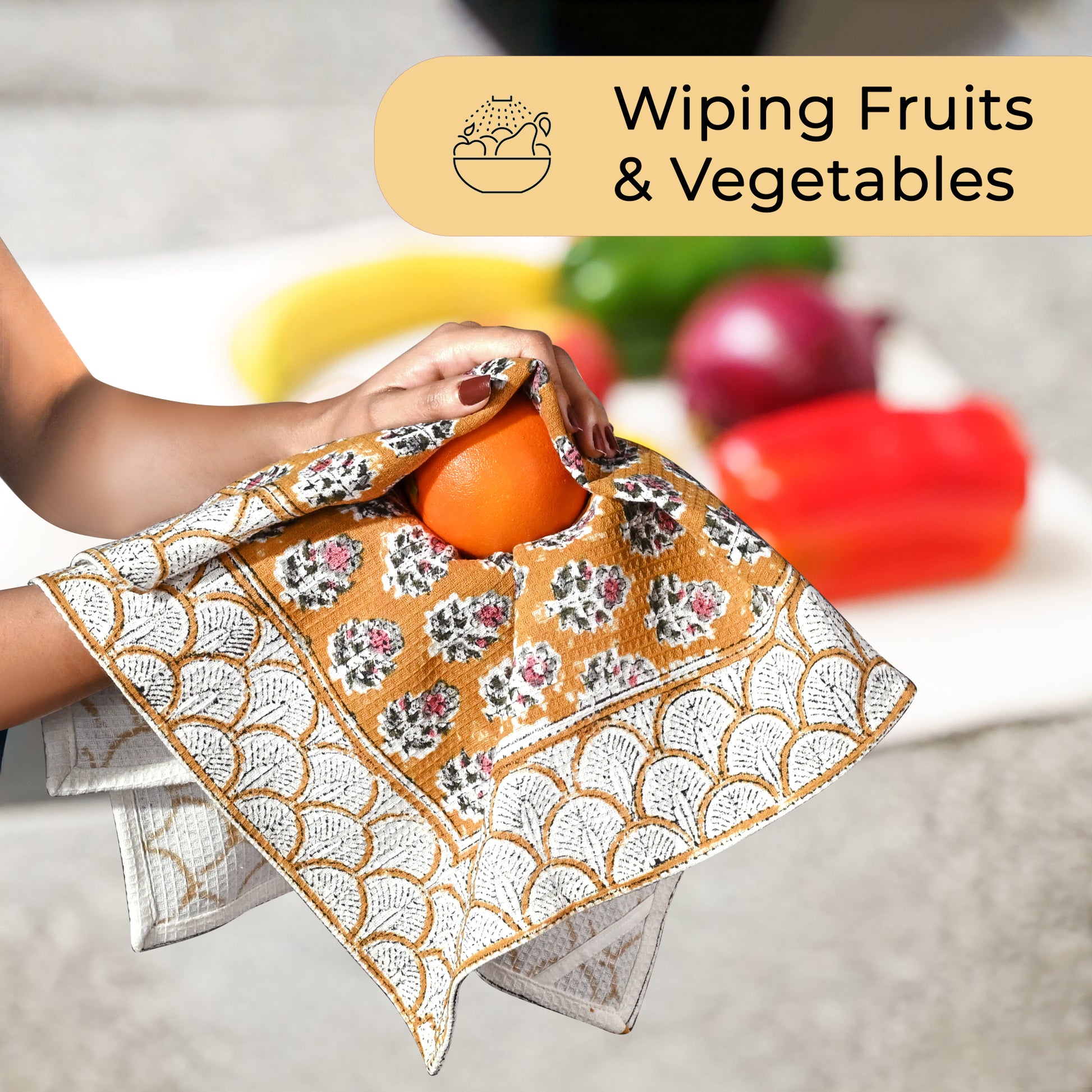 Hand Block Printed Waffle Kitchen Towels – Citrine Yellow