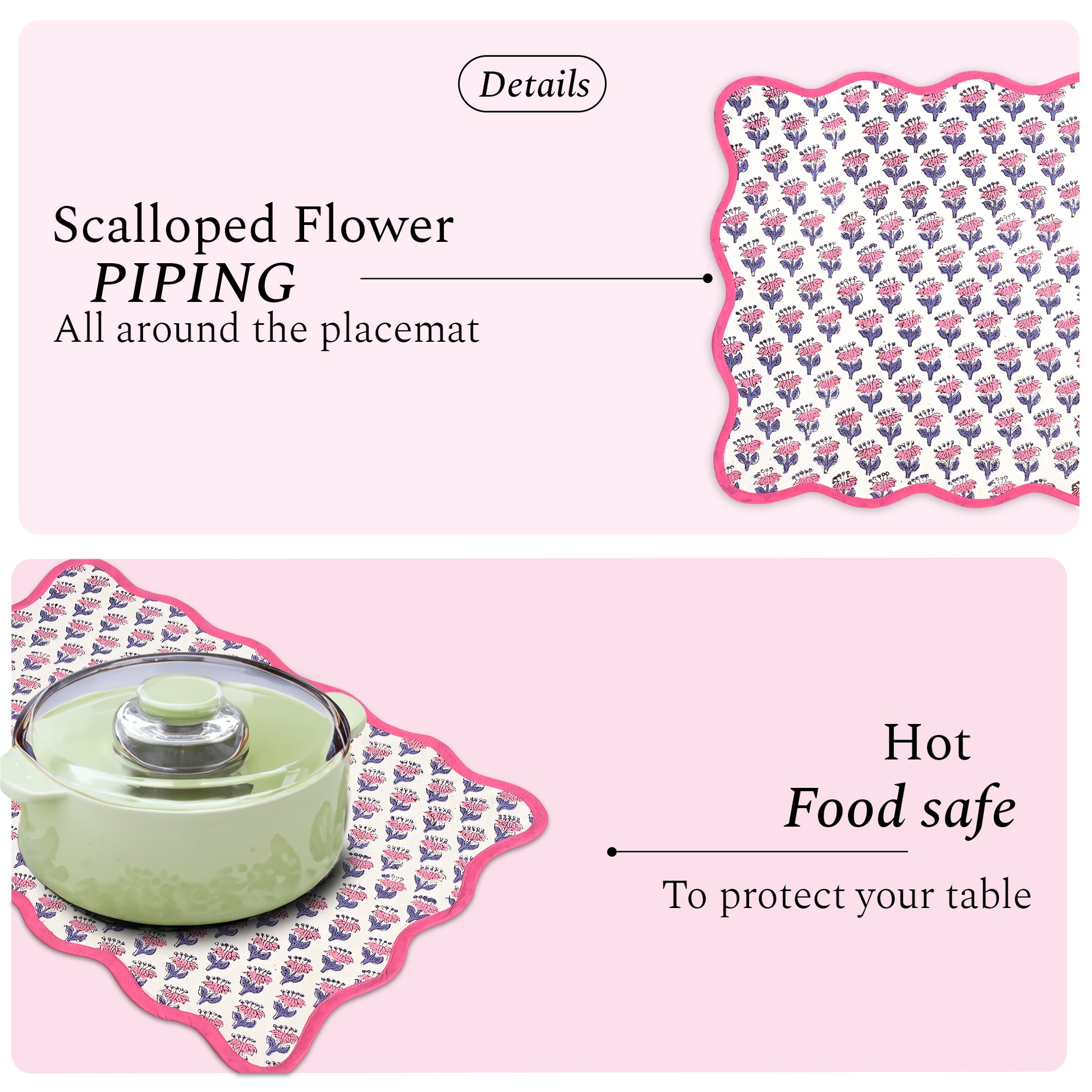 Rectangle 100% Cotton Reversible Placemat Set – Pink Sapphire