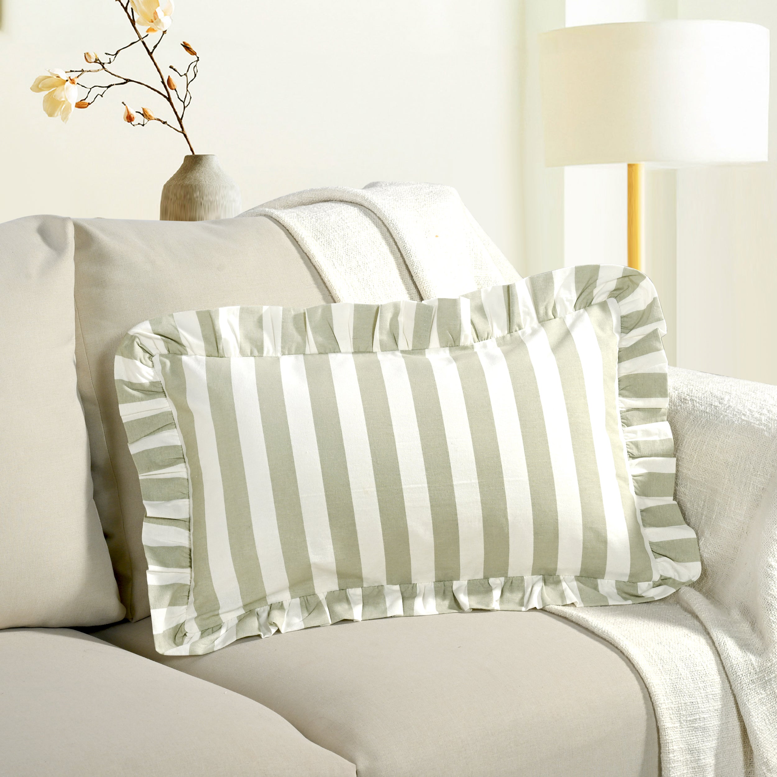 Grey Striped Cotton Ruffle Sham Cover