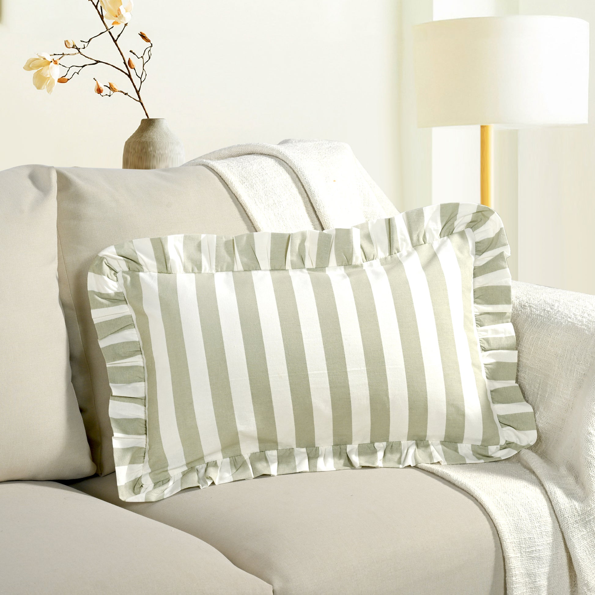 Grey Striped Cotton Ruffle Sham Cover