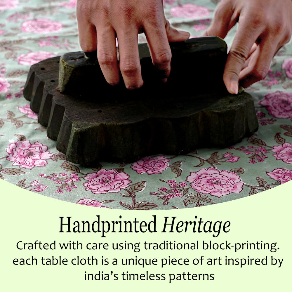 Pink Tourmaline Cotton Tablecloth on Farmhouse Table