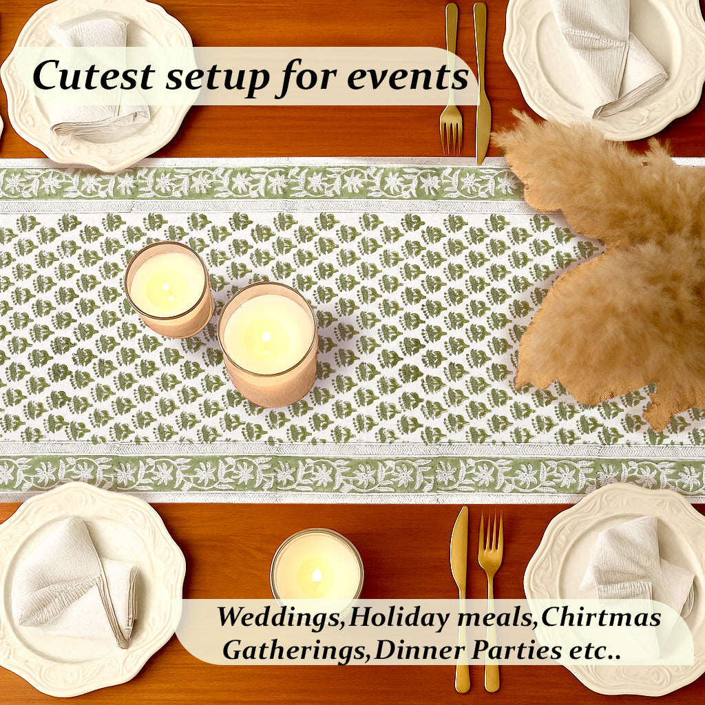 Cotton Block Print Table Runner - Emerald Green