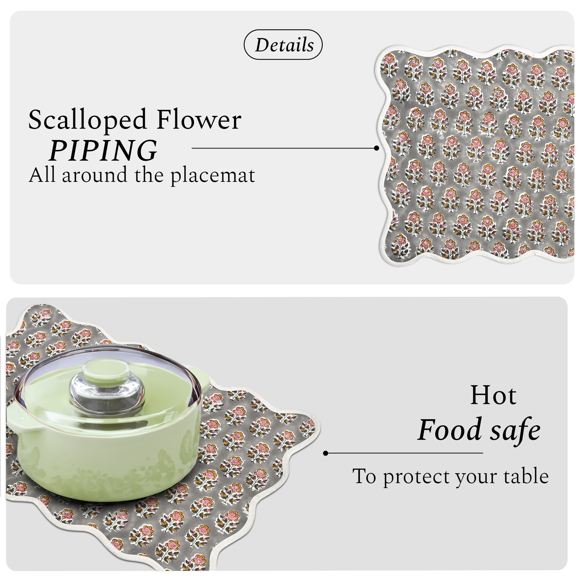 Rectangle 100% Cotton Reversible Placemat Set – Labra Grey