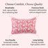 Pink decorative pillow with white patterns on a white background, featuring text about comfort, quality, eco-friendliness, and durability.