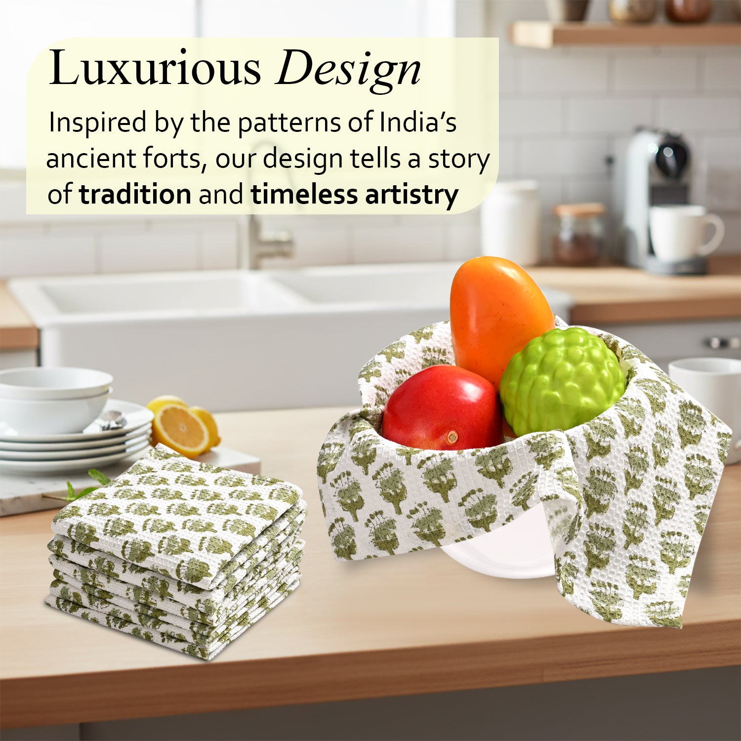 Hand Block Printed Waffle Kitchen Towels – Emerald Green