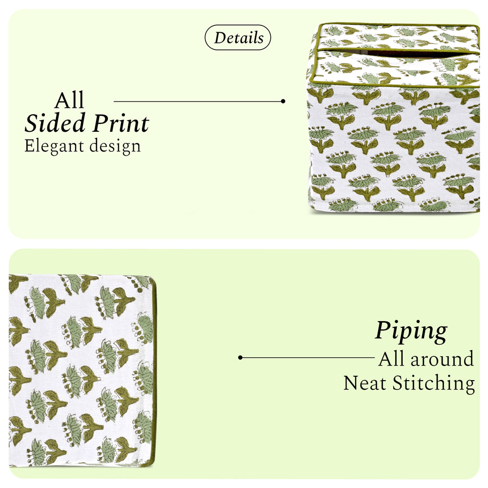 100% Cotton Hand Block Printed Tissue Box Cover - Emerald Green