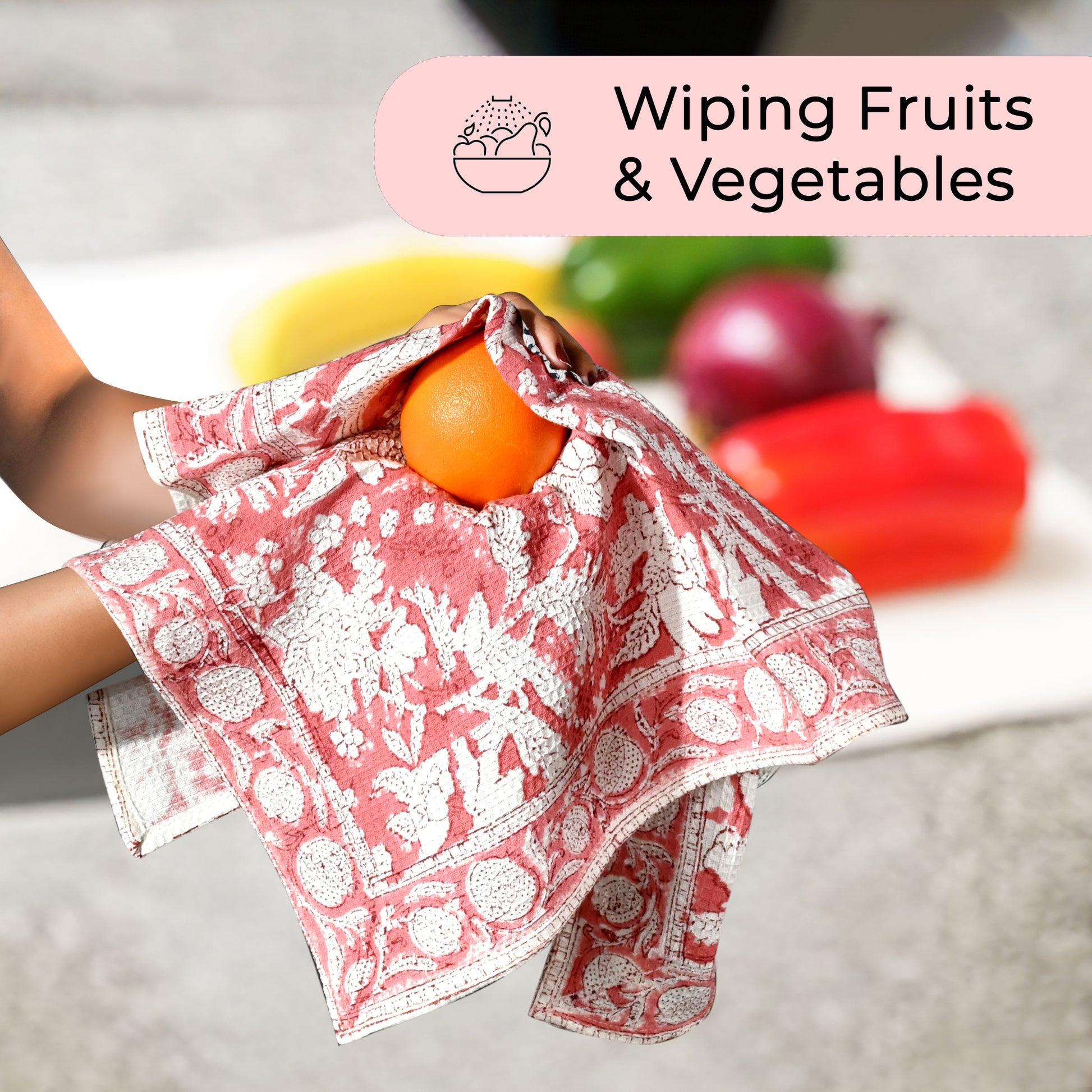 Hand Block Printed Waffle Kitchen Towels – Coral Pink