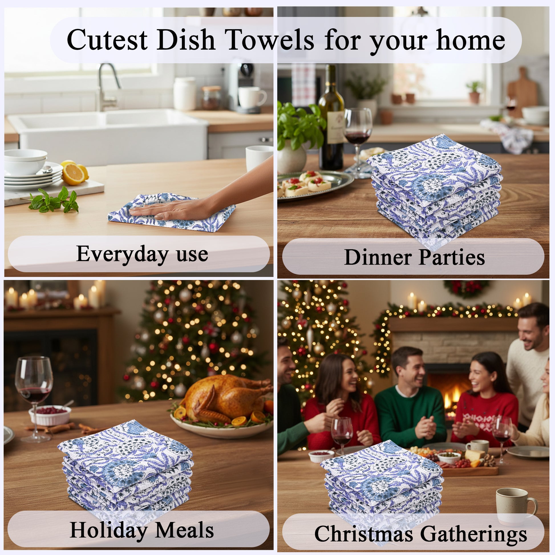 Hand Block Printed Waffle Kitchen Towels – Indigo Blue