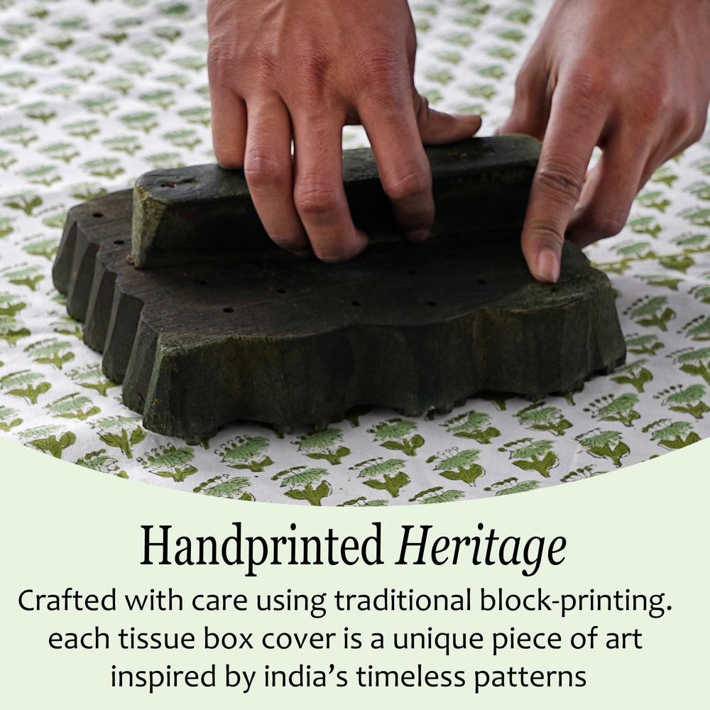 100% Cotton Hand Block Printed Tissue Box Cover - Emerald Green